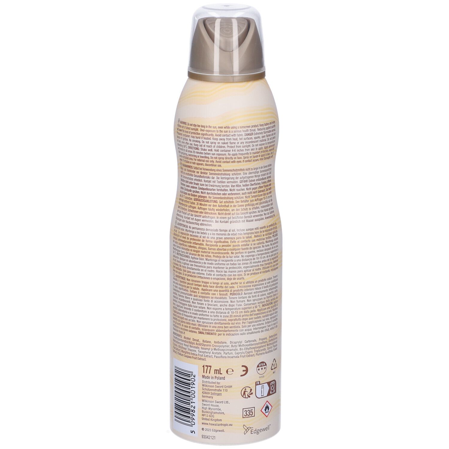 Achterkant van de zonnebrandsprayfles. Beige-geel ontwerp met tekst. Bevat informatie, barcode en fabricagedetails. Afgeronde vorm.