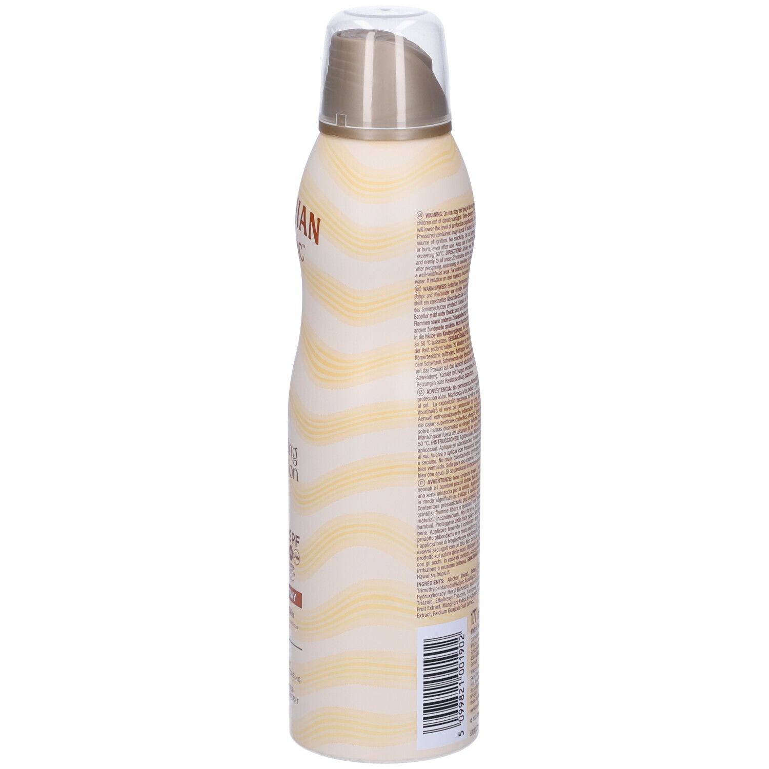 Achterkant van de zonnefles. Tekst in meerdere talen. Golfpatroon. Opschrift: 30 SPF, Lotion Spray, Waterbestendig.