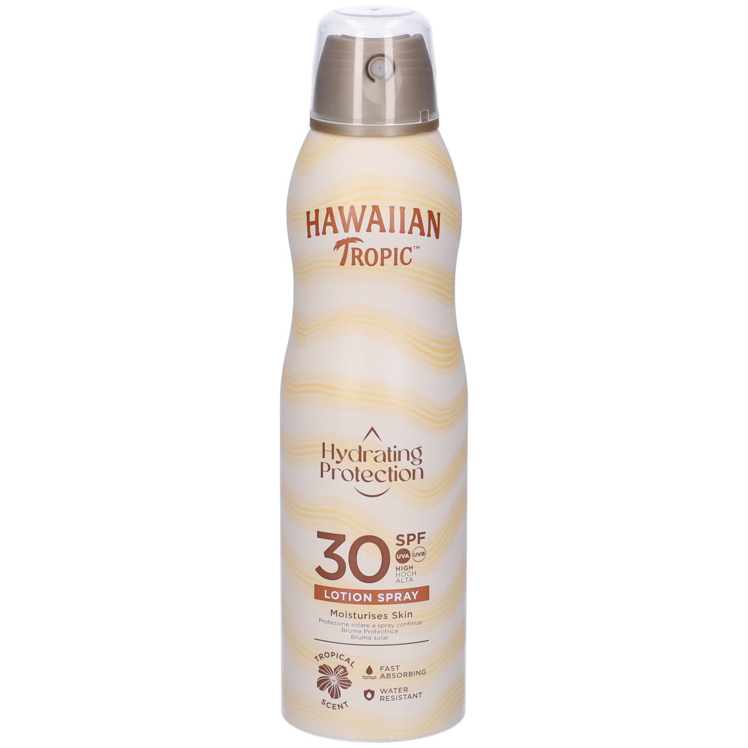 Zonnespray van Hawaiian Tropic. Wit-gele fles met sproeikop. Opschrift: Hydrating Protection, SPF 30, Lotion Spray.