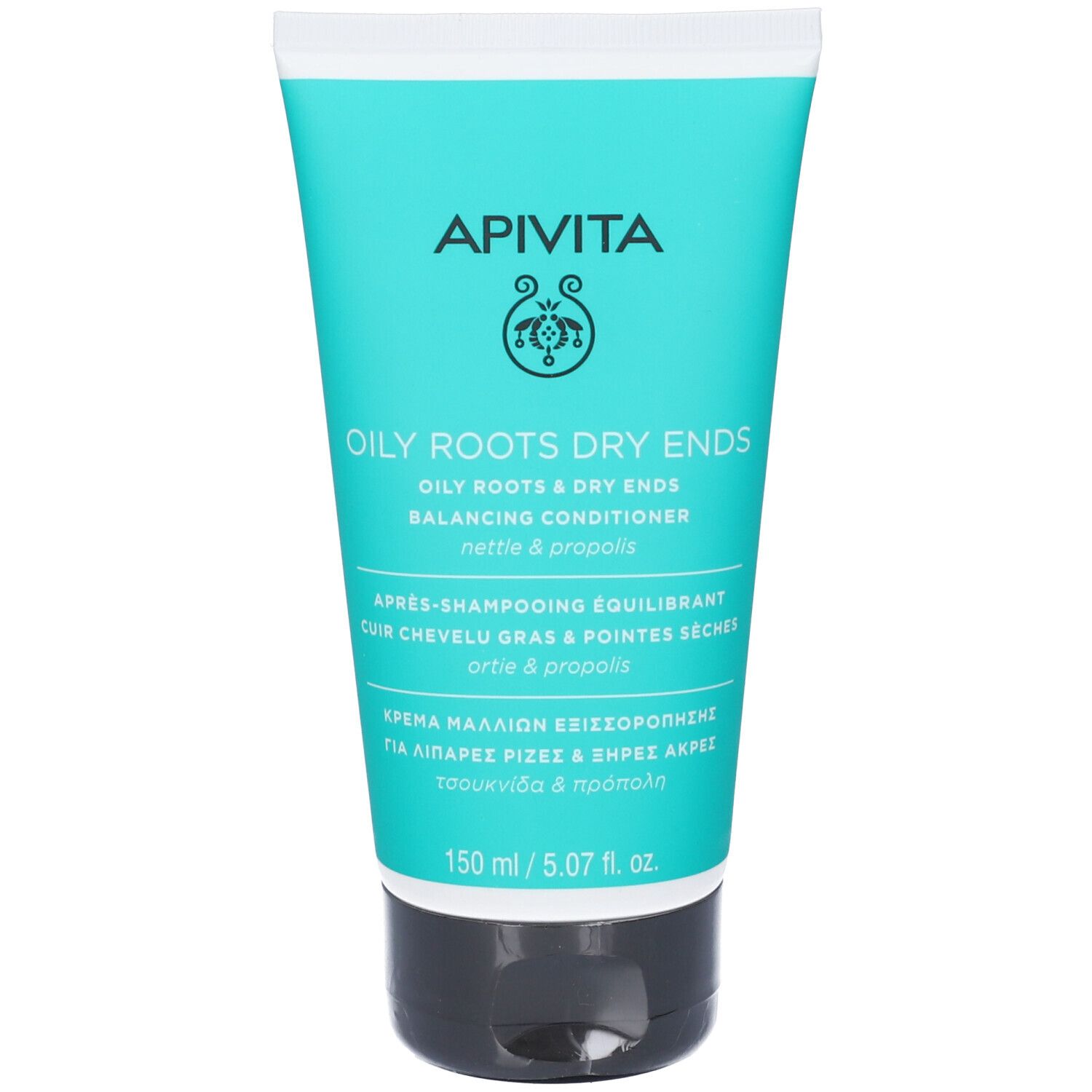 Tube de revitalisant équilibrant Apivita pour racines grasses et pointes sèches, 150 ml.