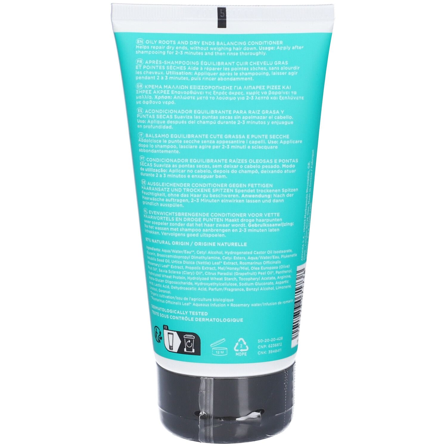 Tube turquoise avec bouchon noir, dos avec texte et symboles.