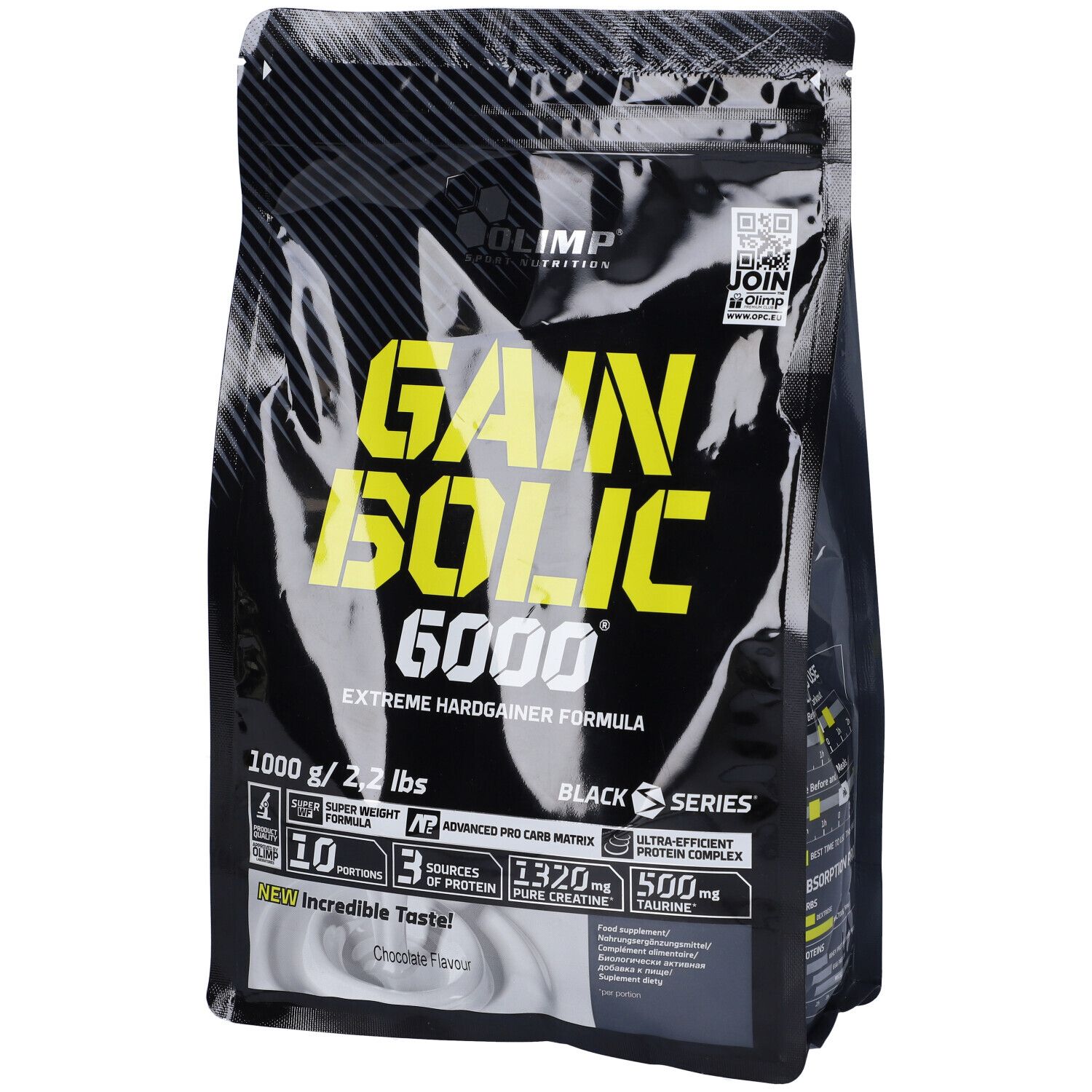 Sac noir avec texte jaune. "Gain Bolic 6000" et "Chocolate flavour" visibles. 1000 g / 2,2 lbs.