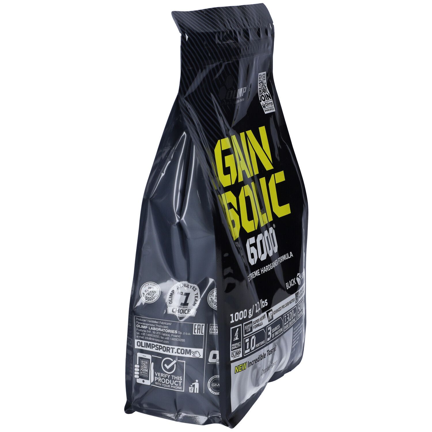 Sac noir en biais. "Gain Bolic 6000" et "1000 g / 2,2 lbs" visibles. Série noire.