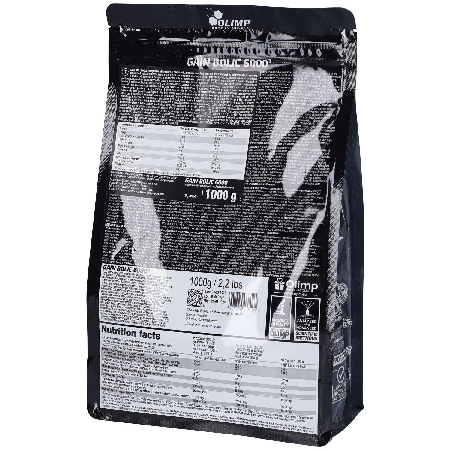 Dos du sac noir. Texte avec informations nutritionnelles et produit. "Gain Bolic 6000" et 1000 g.