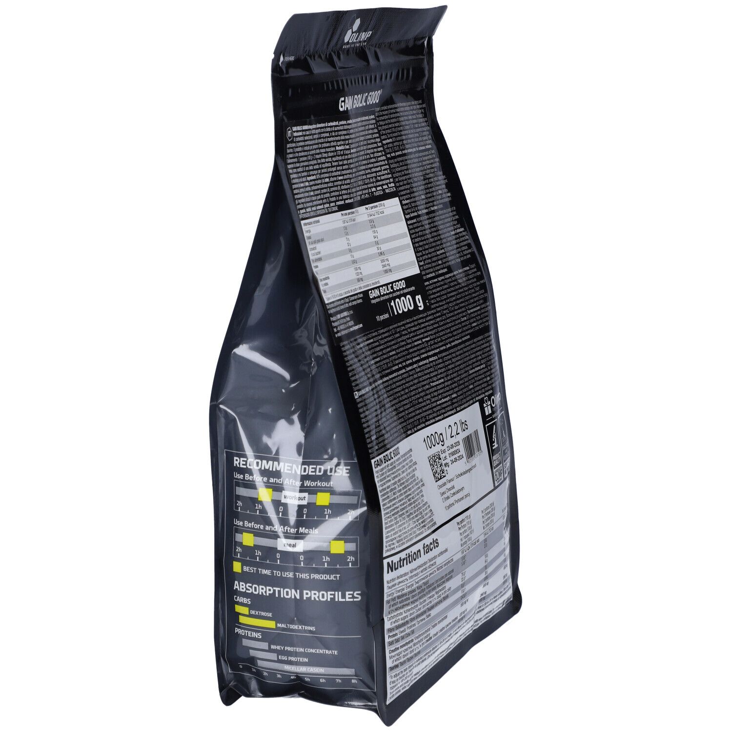 Sac noir en biais. Dos avec texte et informations nutritionnelles. "Gain Bolic 6000" et 1000 g.
