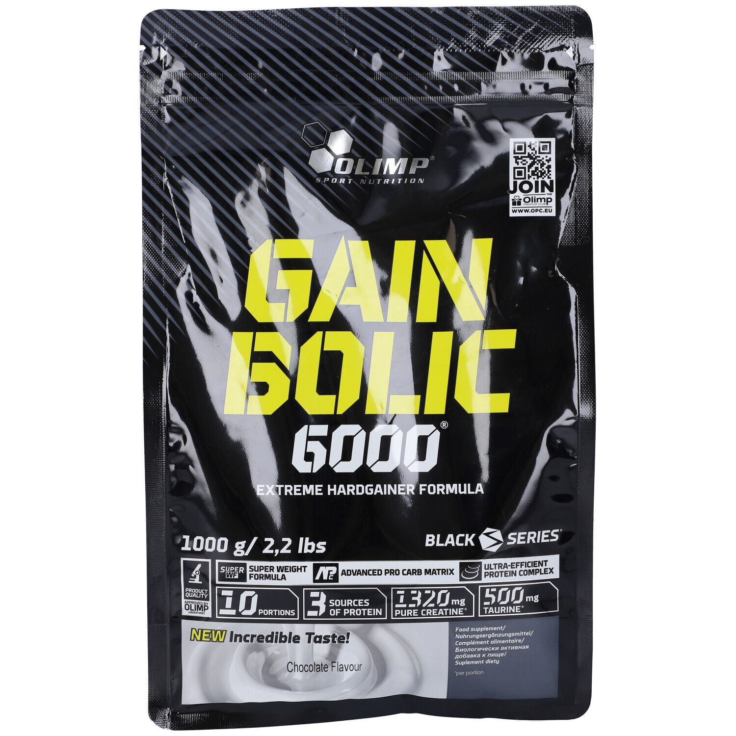 Sac noir avec texte jaune. "Gain Bolic 6000" et "Chocolate flavour" visibles. 1000 g / 2,2 lbs.