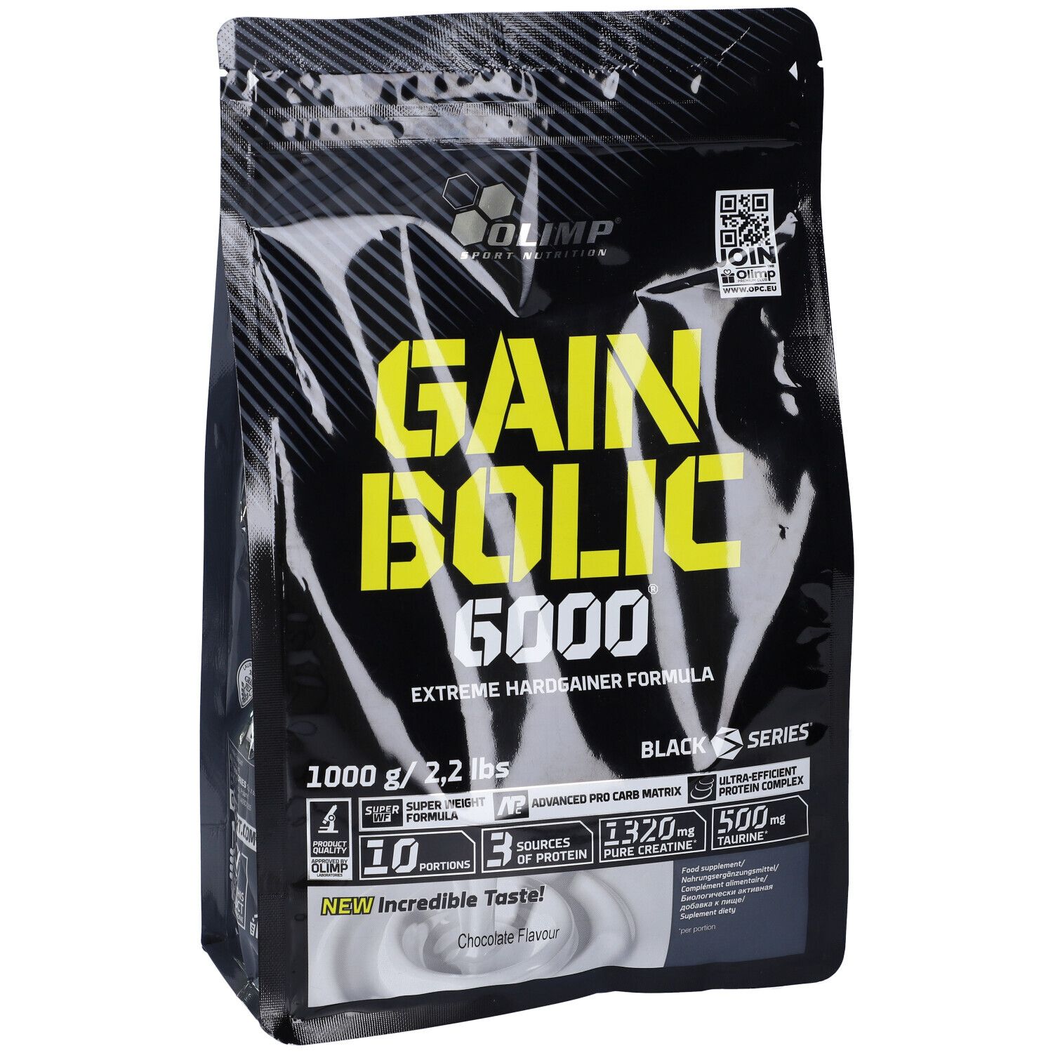 Sac noir avec texte jaune. "Gain Bolic 6000" et "Chocolate flavour" visibles. 1000 g / 2,2 lbs.