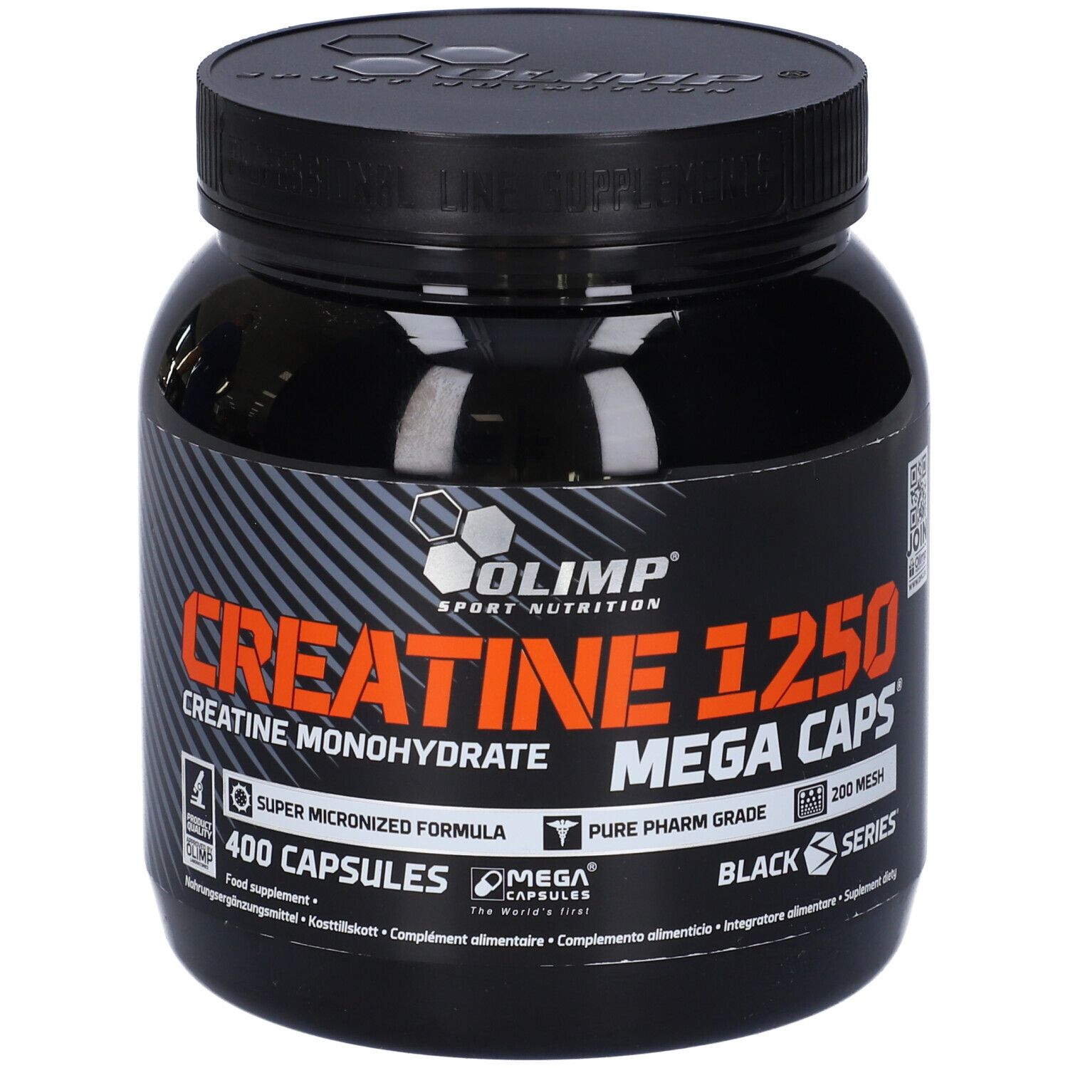 Boîte noire 'Creatine 1250 Mega Caps'. Contient 400 capsules. Marque : Olimp. Inscription 'Black Series'.