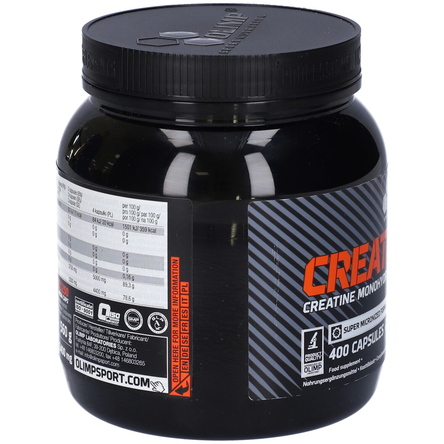 Boîte noire avec informations nutritionnelles et 'Creatine 1250 Mega Caps'. Marque : Olimp. 400 capsules.