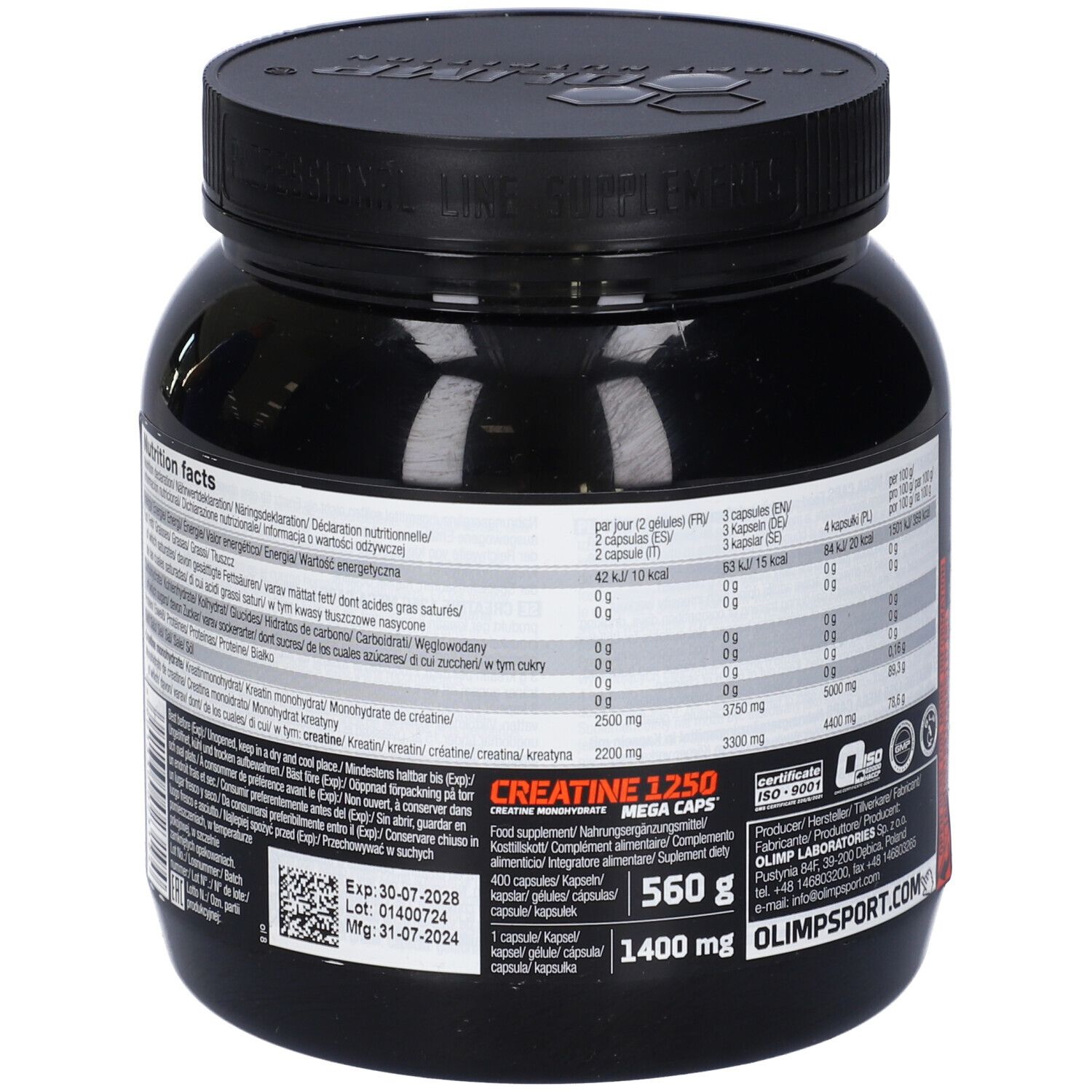 Boîte noire avec informations nutritionnelles et 'Creatine 1250 Mega Caps'. Marque : Olimp. 400 capsules.