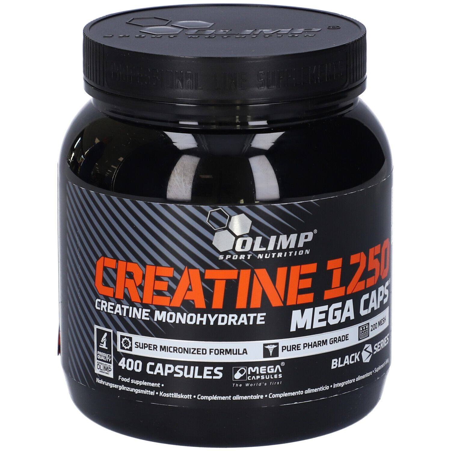 Boîte noire 'Creatine 1250 Mega Caps'. Contient 400 capsules. Marque : Olimp. Inscription 'Black Series'.