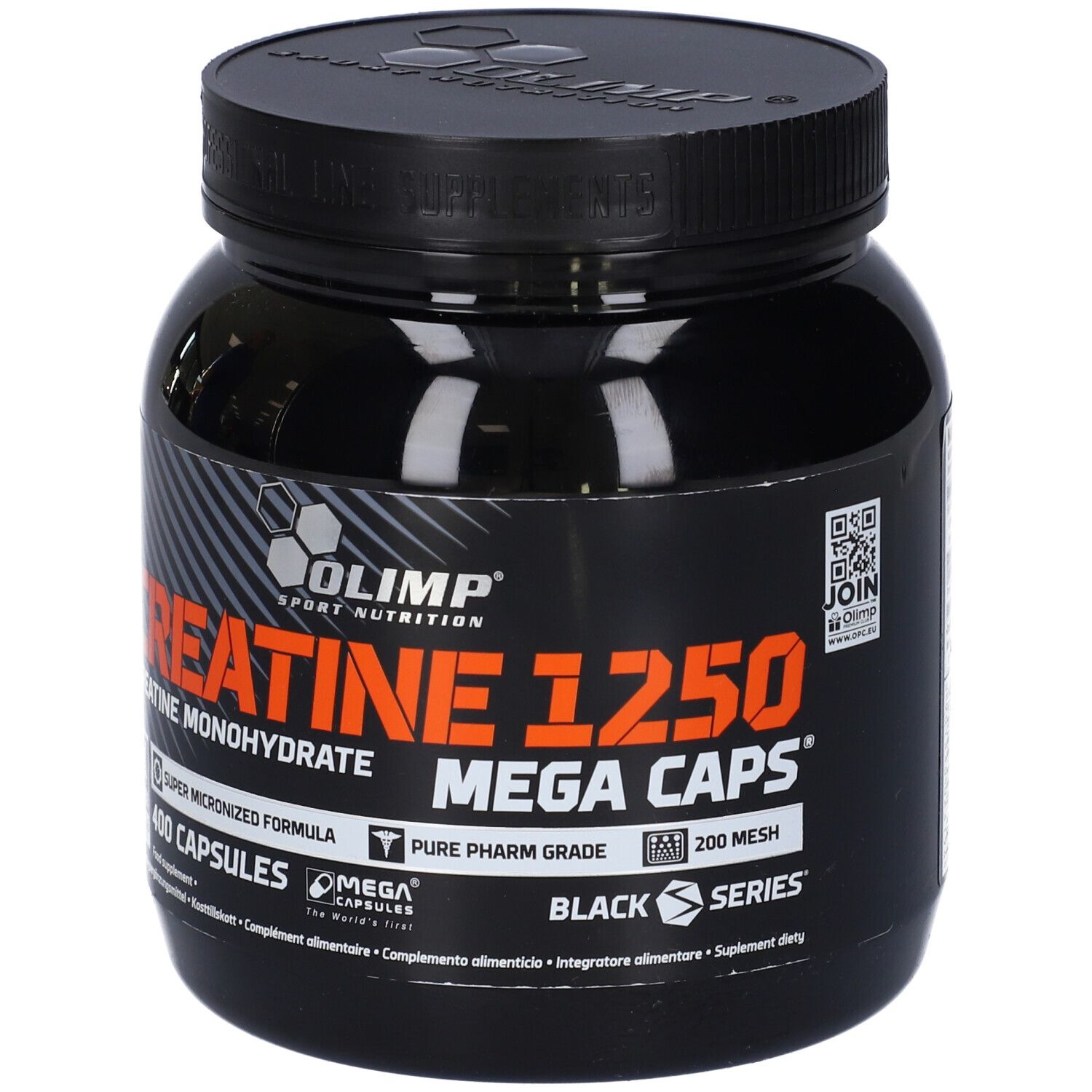 Boîte noire 'Creatine 1250 Mega Caps'. Contient 400 capsules. Marque : Olimp. Inscription 'Black Series'.