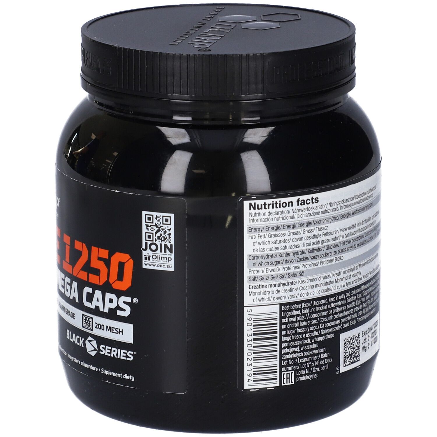 Boîte noire 'Creatine 1250 Mega Caps' et informations nutritionnelles. Marque : Olimp. 400 capsules.