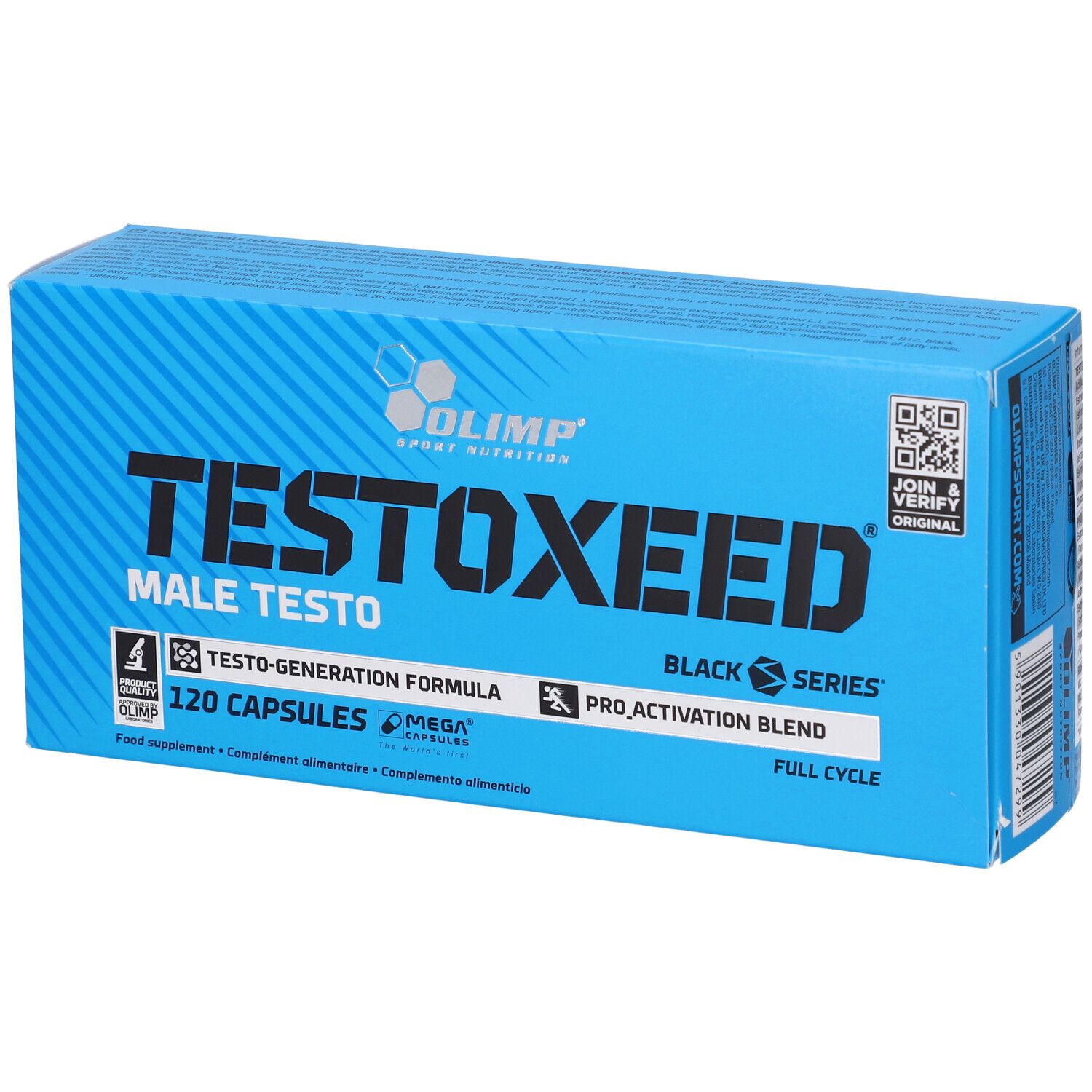 Blauwe doos met "TESTOXEED". Bevat 120 capsules. Merk: Olimp.