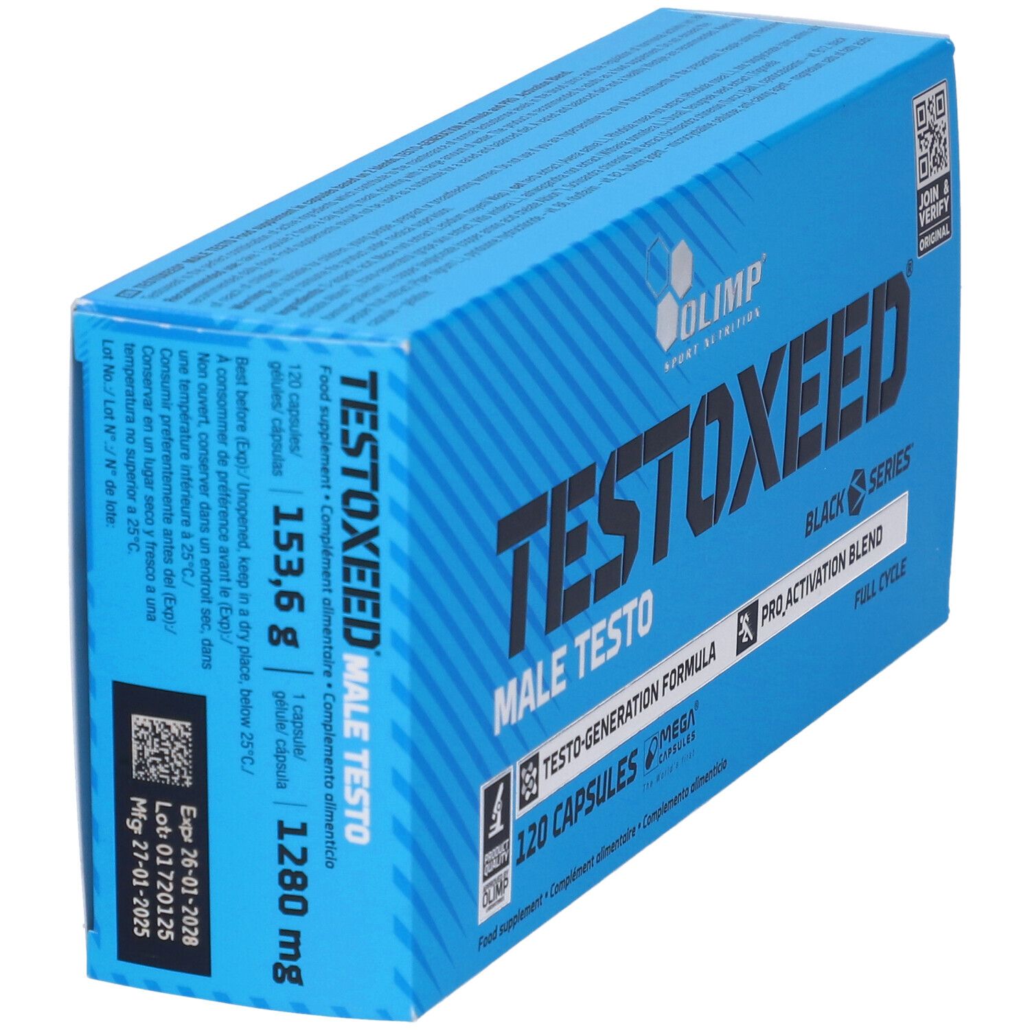 Blauwe doos "TESTOXEED". Bevat 120 capsules. Gewicht: 153,6 g.