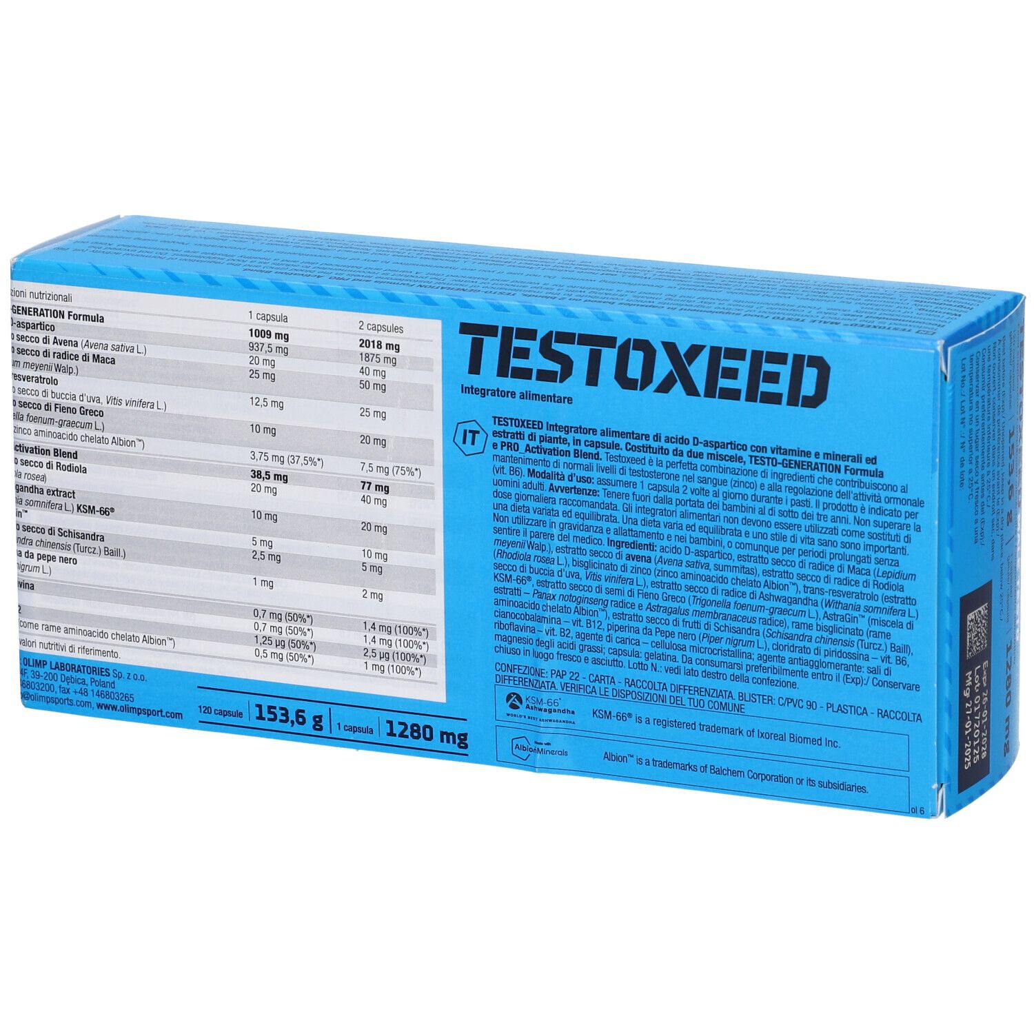 Blauwe doos "TESTOXEED". Achterkant met voedingswaarde en ingrediënten.
