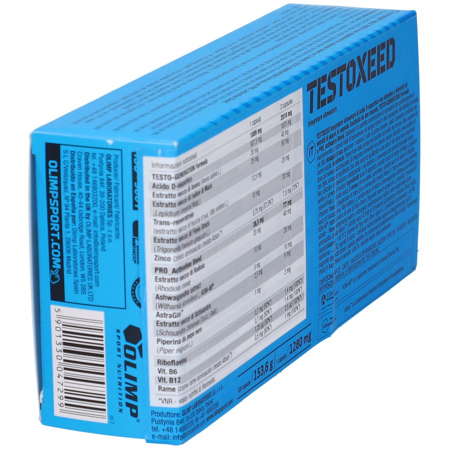 Blauwe doos "TESTOXEED". Achterkant met voedingswaarde. Merk: Olimp.