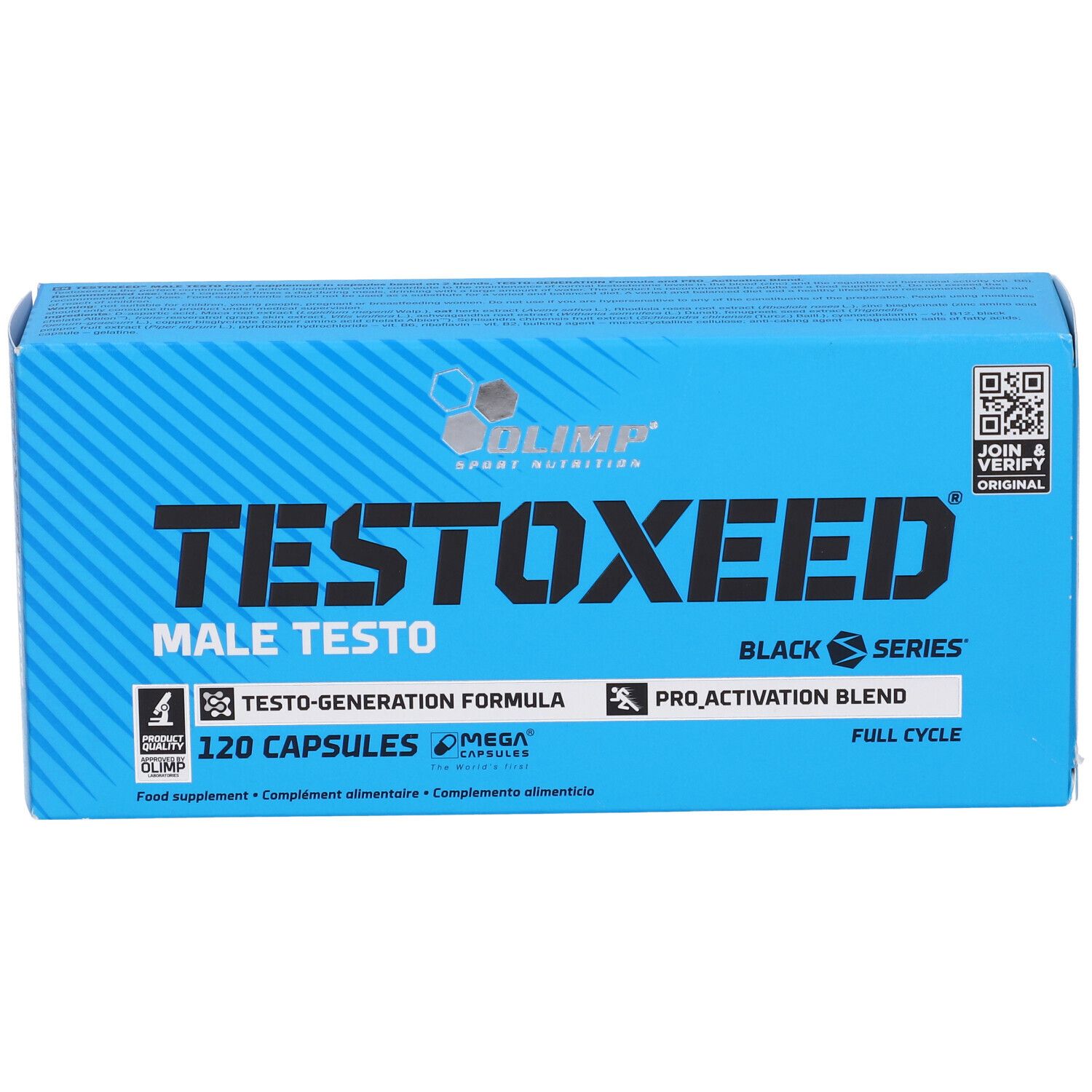 Blauwe doos met "TESTOXEED". Bevat 120 capsules. Merk: Olimp.