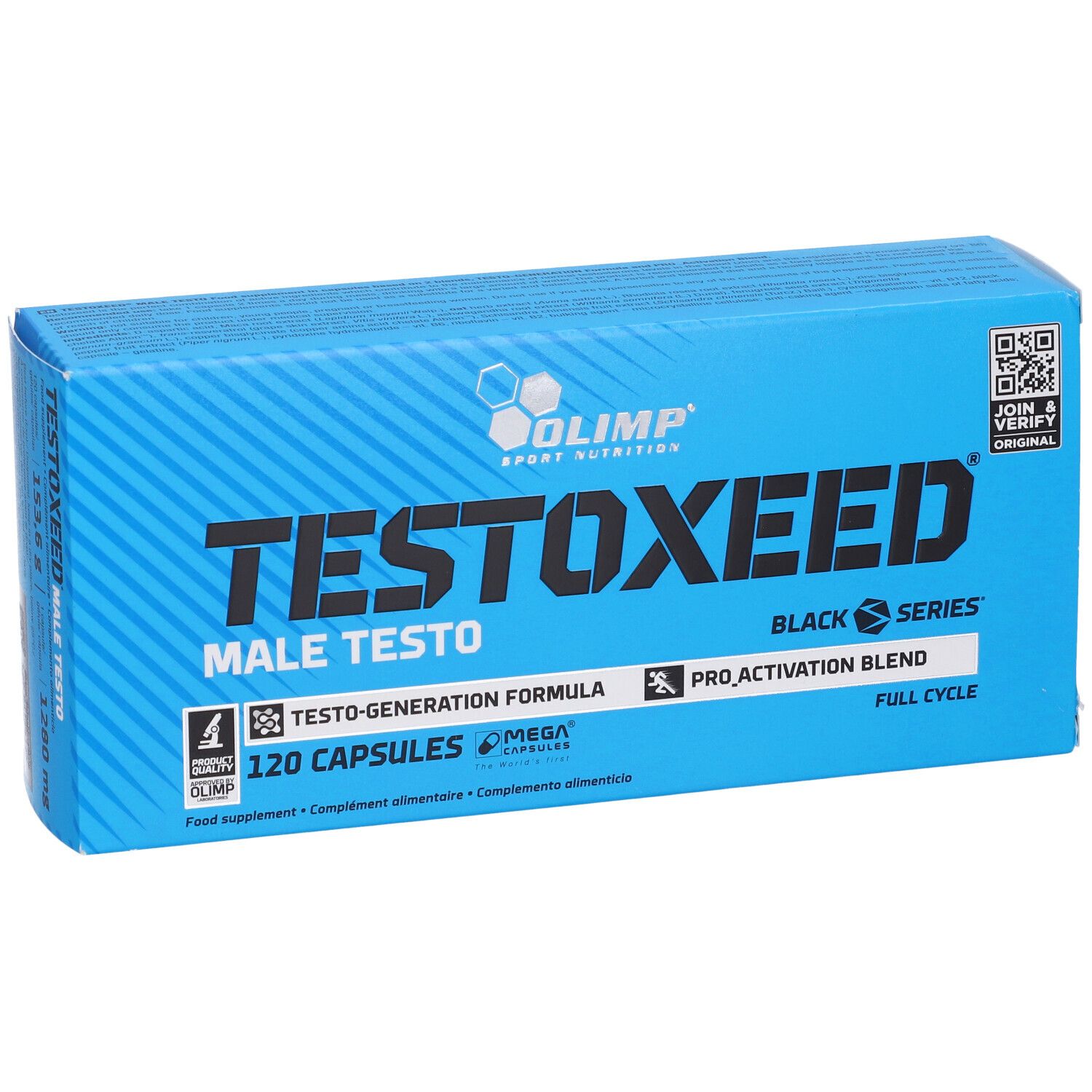 Blauwe doos met "TESTOXEED". Bevat 120 capsules. Merk: Olimp.