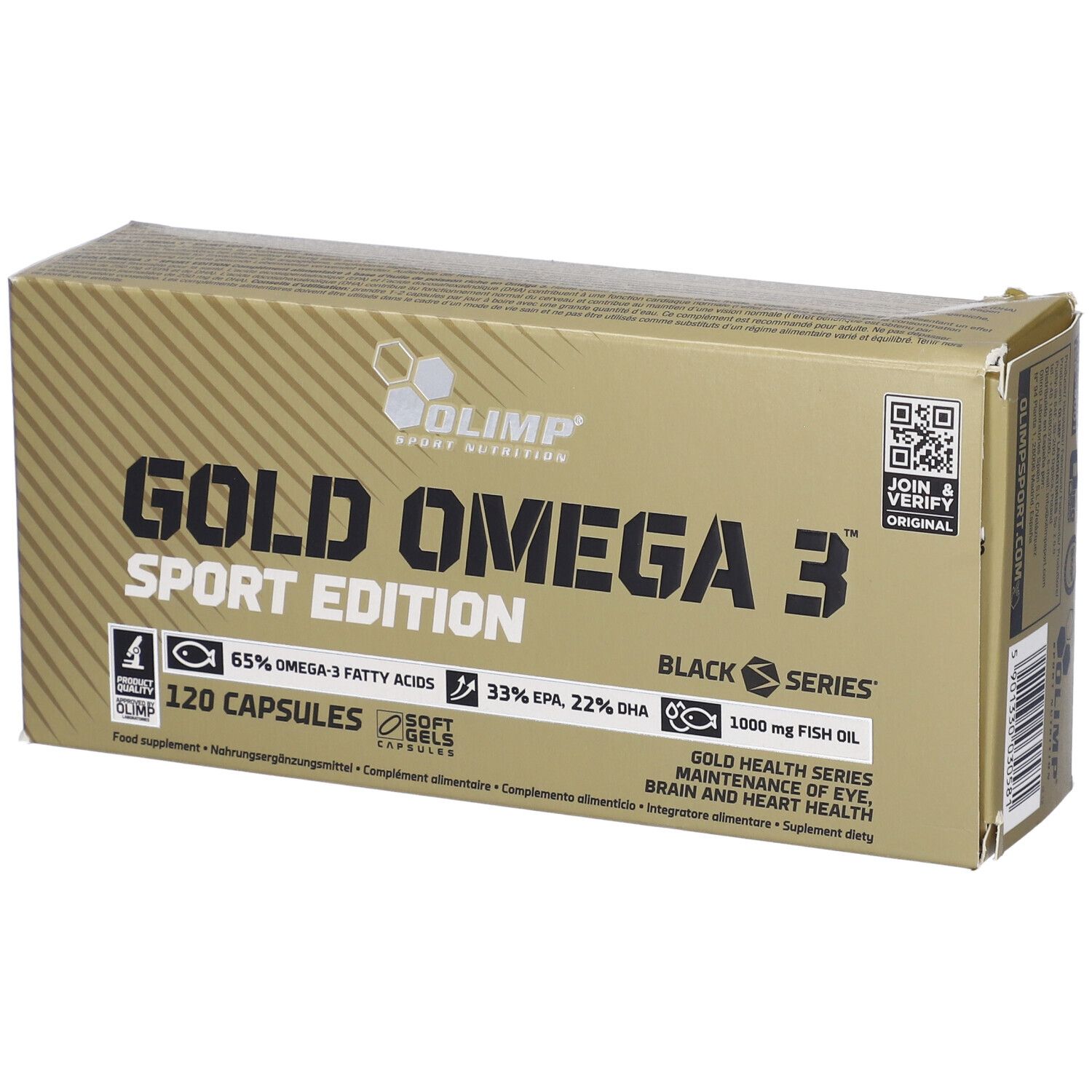 Boîte Gold Omega 3 Sport Edition. Contient 120 capsules. Inscription : 65% acides gras oméga-3, 33% EPA, 22% DHA.