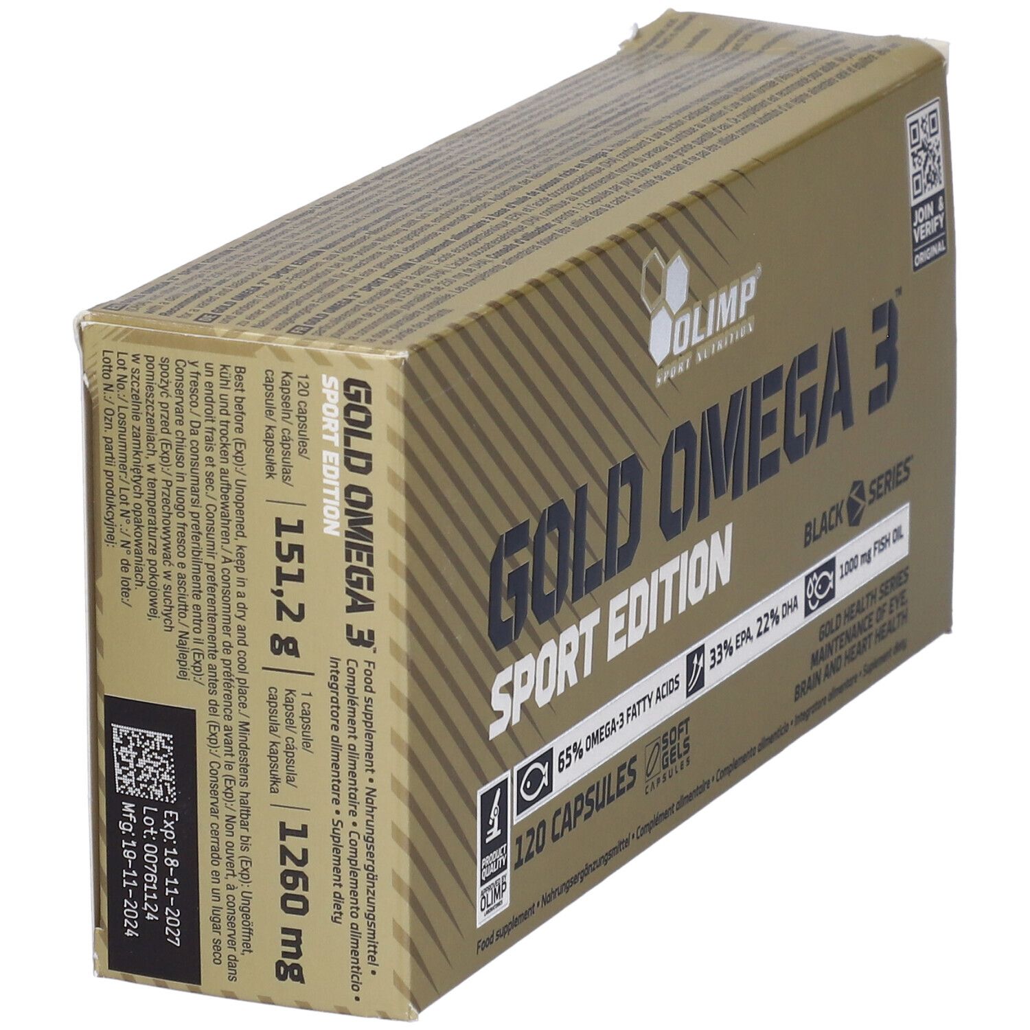 Boîte Gold Omega 3 Sport Edition. Contient 120 capsules. Inscription : 65% acides gras oméga-3, 33% EPA, 22% DHA. Détails poids et ingrédients.