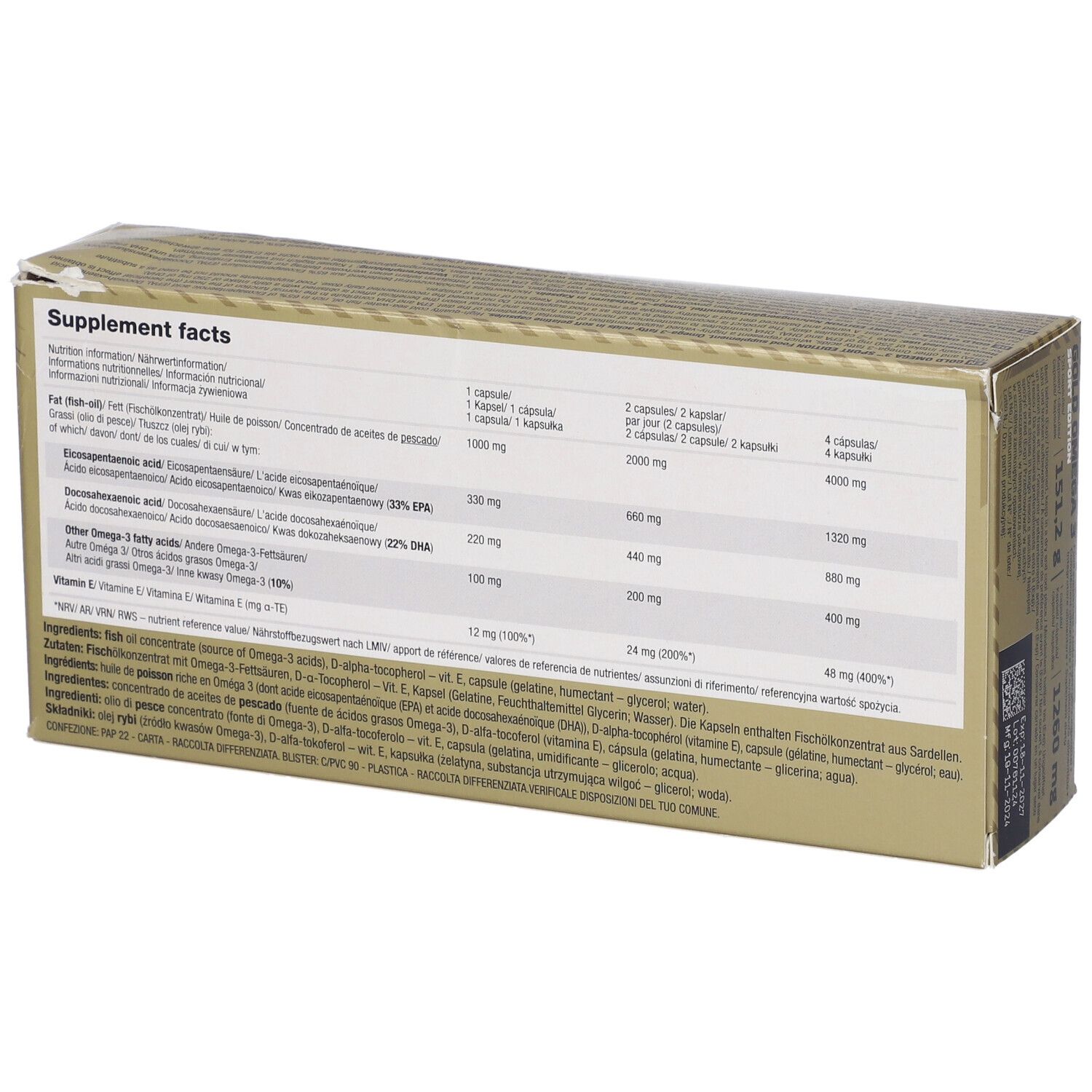 Dos de la boîte Gold Omega 3 Sport Edition. Contient des informations nutritionnelles et des ingrédients en plusieurs langues.