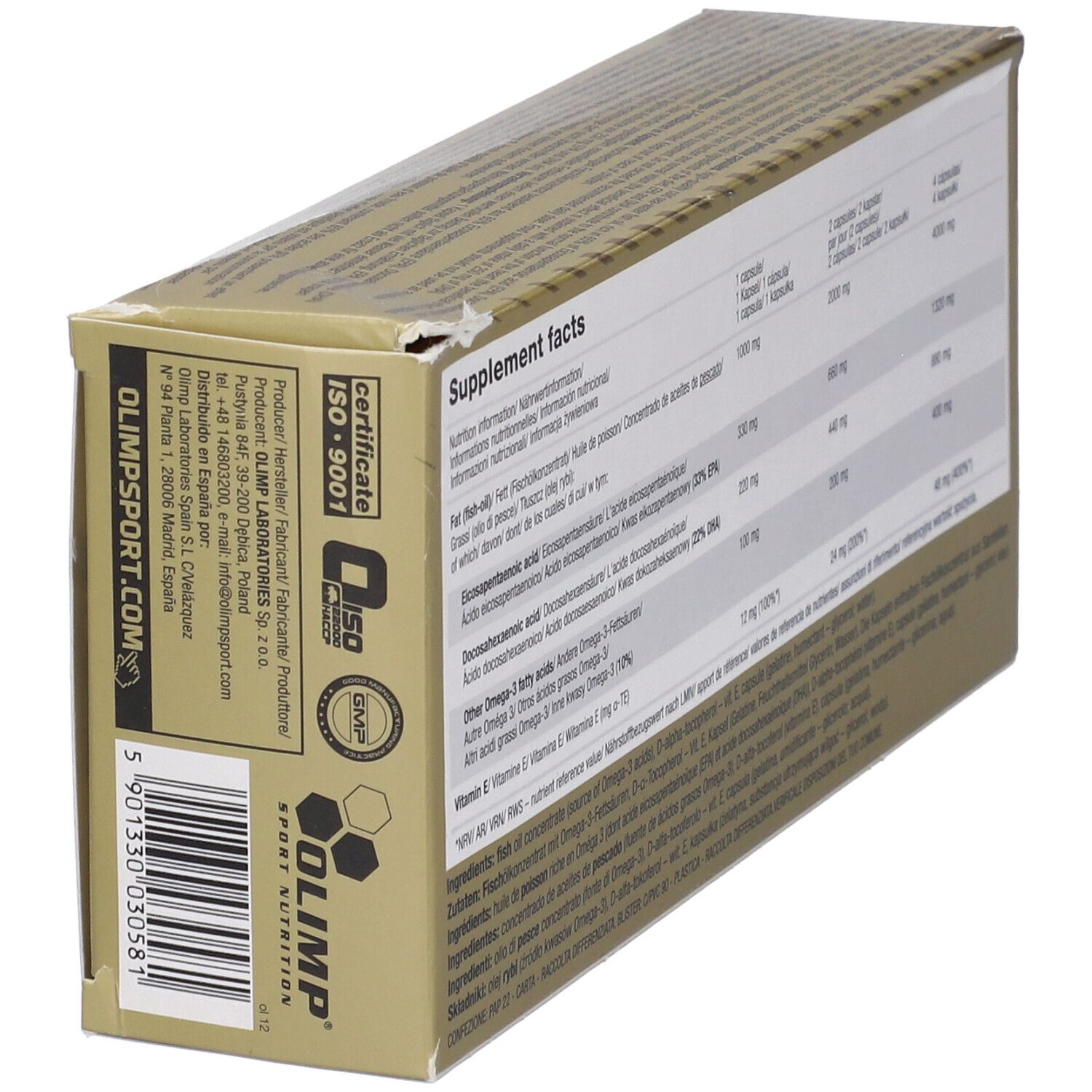 Côté de la boîte Gold Omega 3 Sport Edition. Contient les informations du fabricant, la certification ISO 9001 et le code-barres.