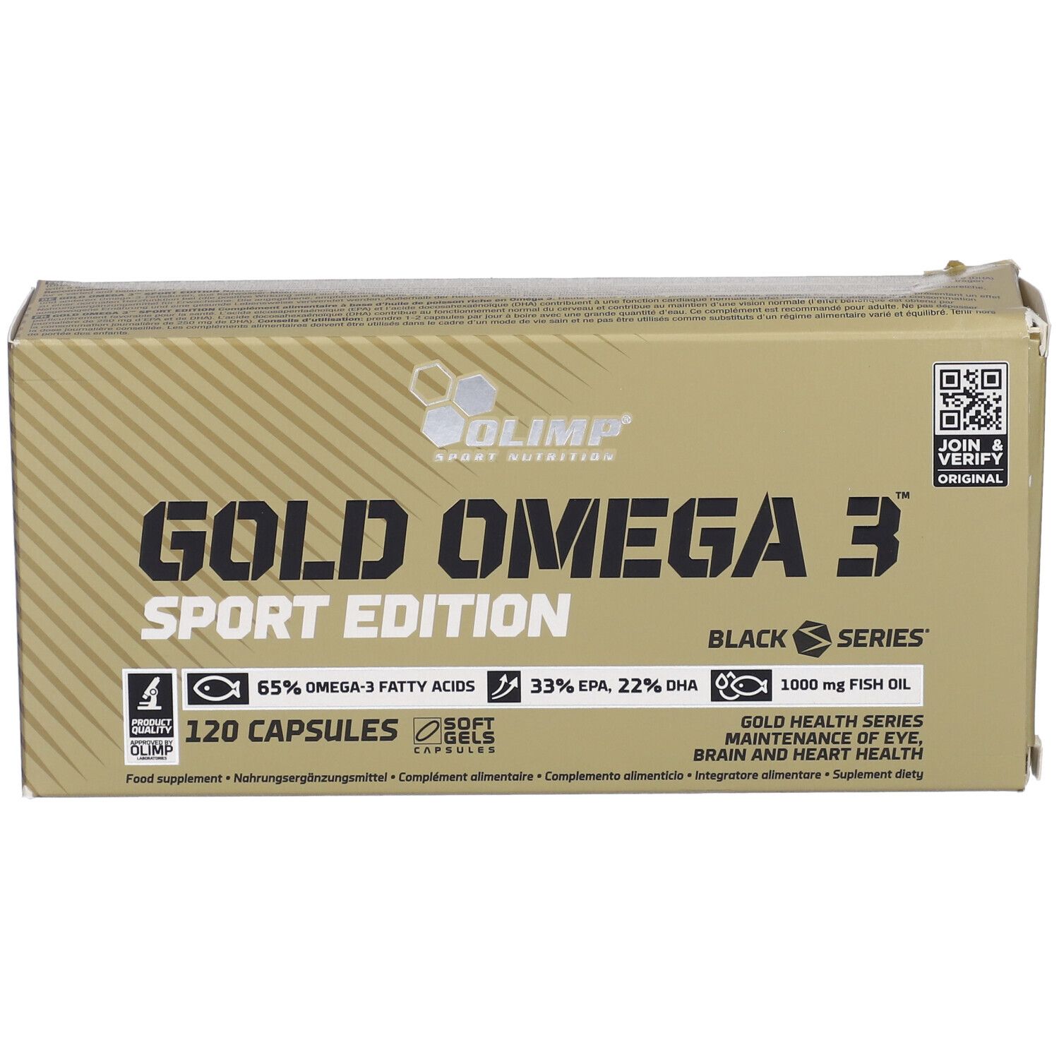 Boîte Gold Omega 3 Sport Edition. Contient 120 capsules. Inscription : 65% acides gras oméga-3, 33% EPA, 22% DHA.