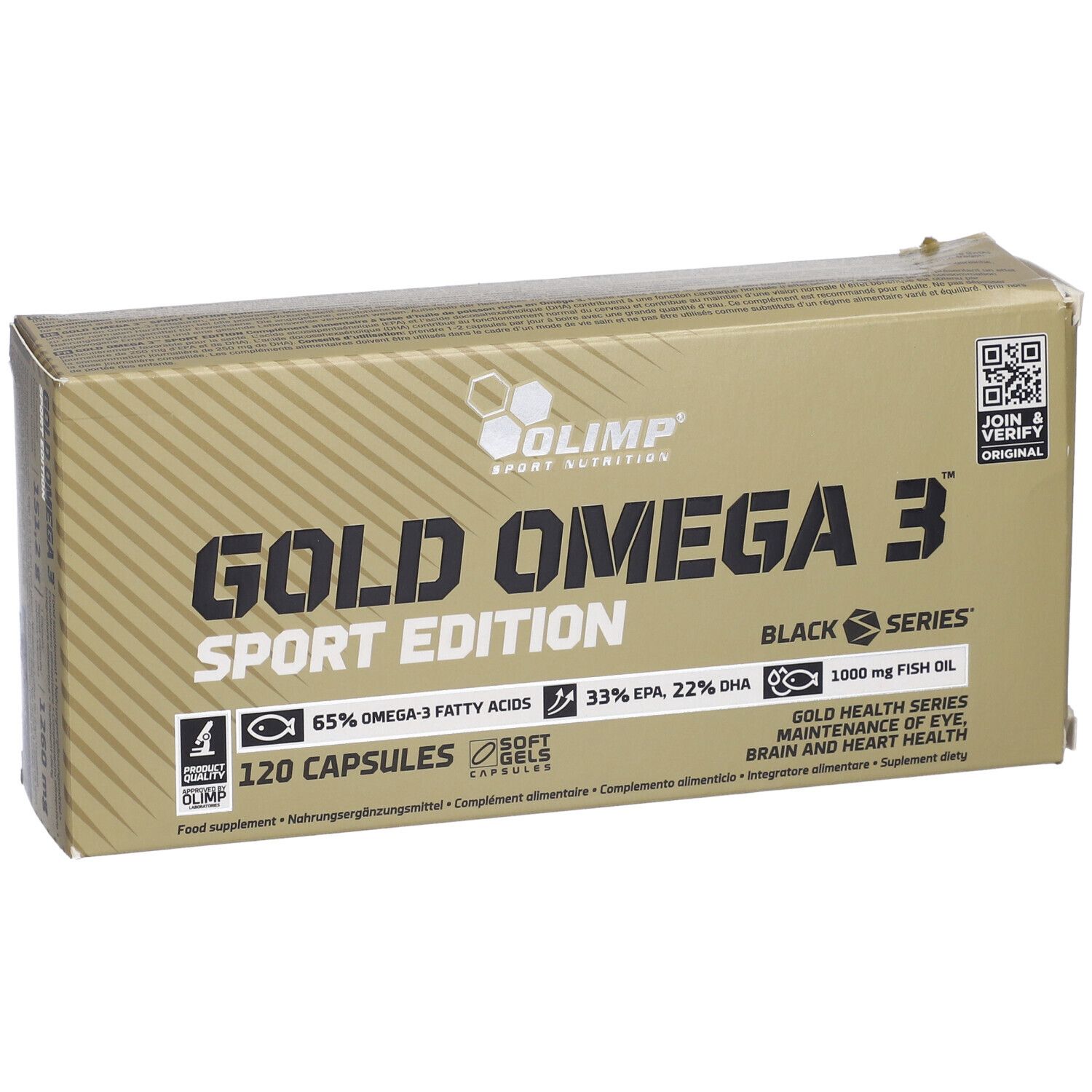Boîte Gold Omega 3 Sport Edition. Contient 120 capsules. Inscription : 65% acides gras oméga-3, 33% EPA, 22% DHA.