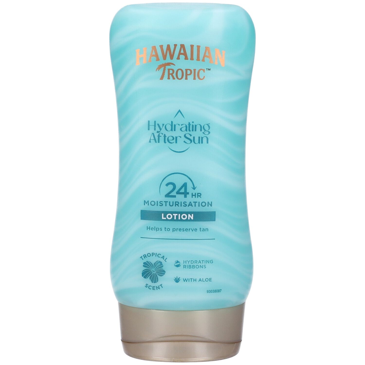 Flacon turquoise avec logo Hawaiian Tropic et nom du produit. Illustration noix de coco et papaye. Lotion après-soleil.