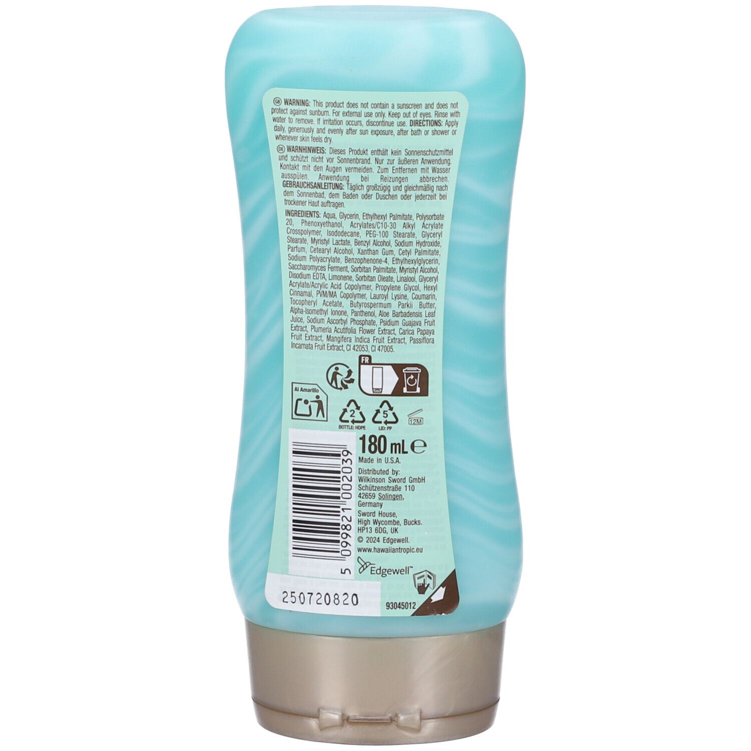 Dos du flacon turquoise. Texte avec ingrédients et avertissements. Symboles de recyclage et indication de volume.