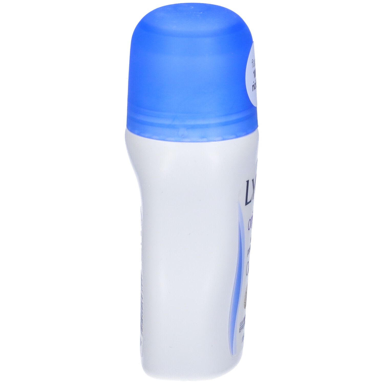 Witte roll-on deodorantfles met blauwe dop. Zichtbare tekst: LY.