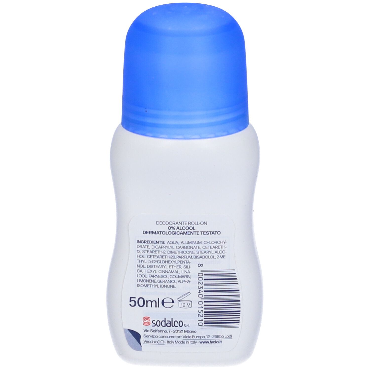 Witte roll-on deodorantfles met blauwe dop. 50ml. Merk: sodalco.
