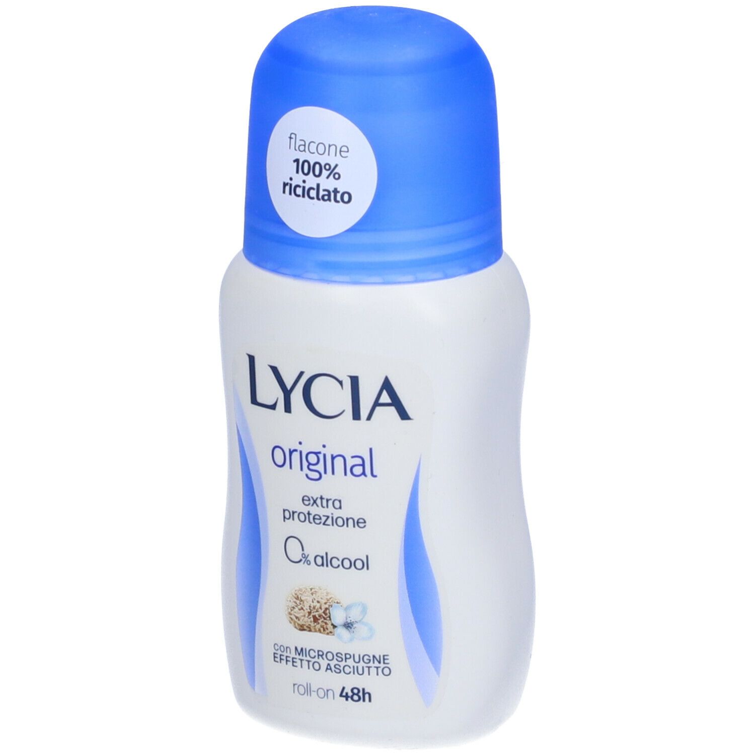 Lycia Original roll-on deodorant met blauwe dop. Fles 100% gerecycled. Extra bescherming, 48 uur.