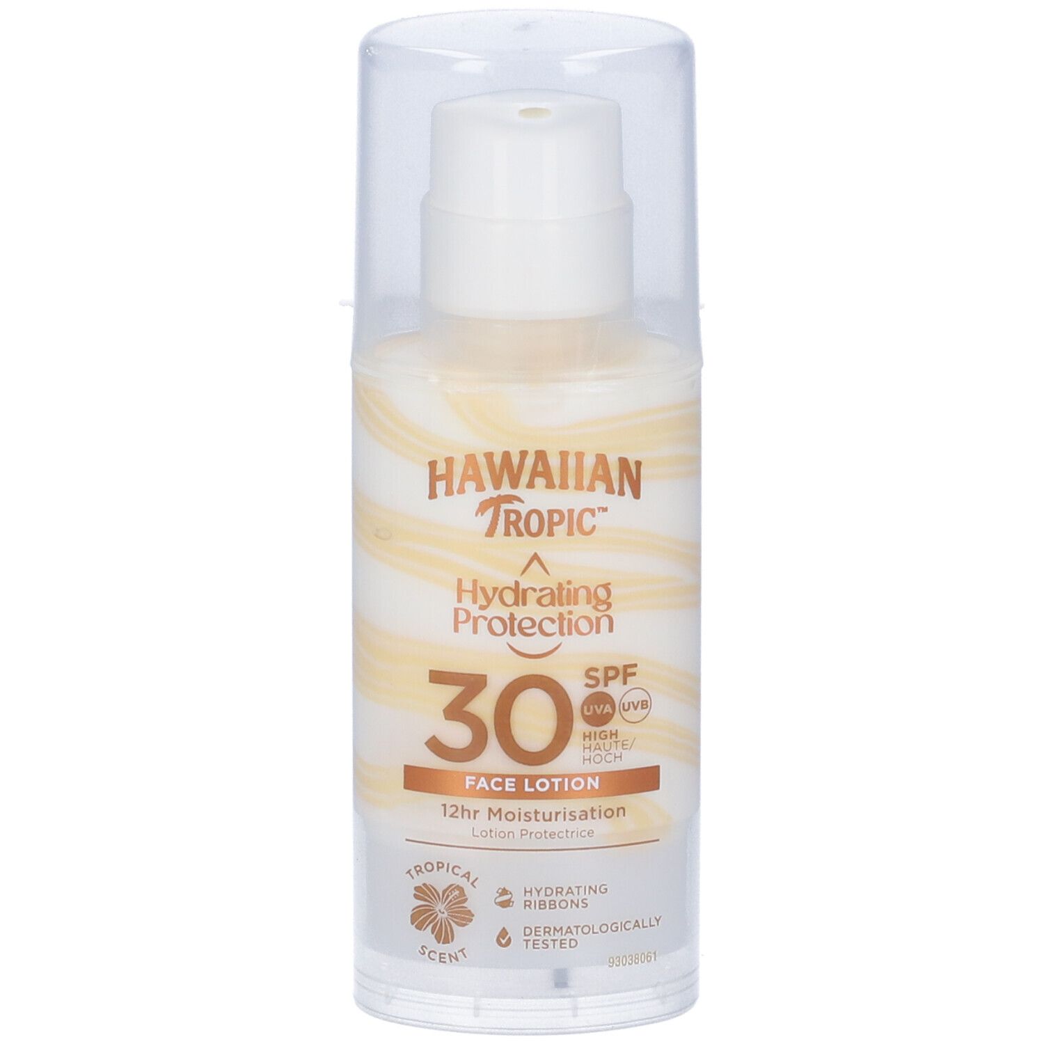 Zonnebrandcrèmefles met pomp. Opschrift: Hawaiian Tropic Hydrating Protection SPF 30 Face Lotion. Met transparante dop.