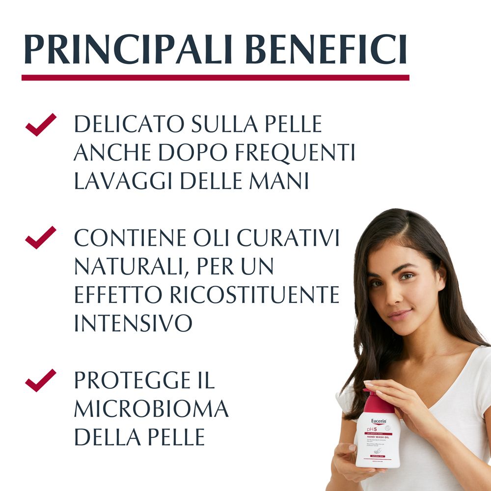 Une femme tient une bouteille blanche Eucerin avec un distributeur rouge. Le texte liste les avantages.