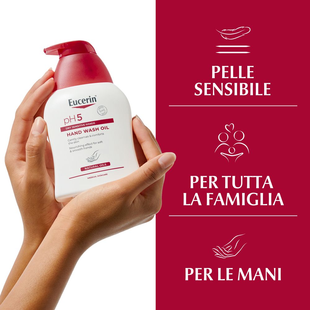 Eucerin pH5 Hand Wash Oil dans un flacon distributeur blanc avec tête de pompe rouge, tenu par des mains.
