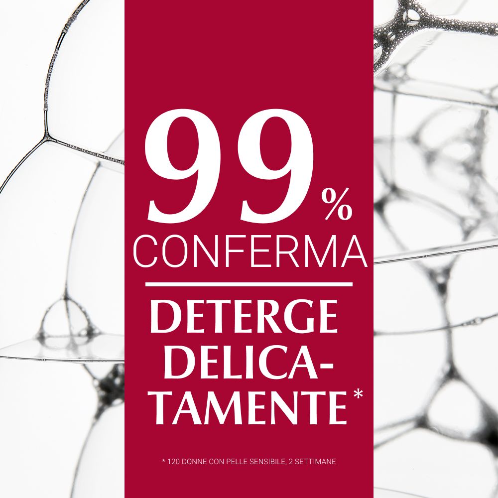 99% Confirmation : Nettoie en douceur. Texte sur fond rouge avec des bulles.