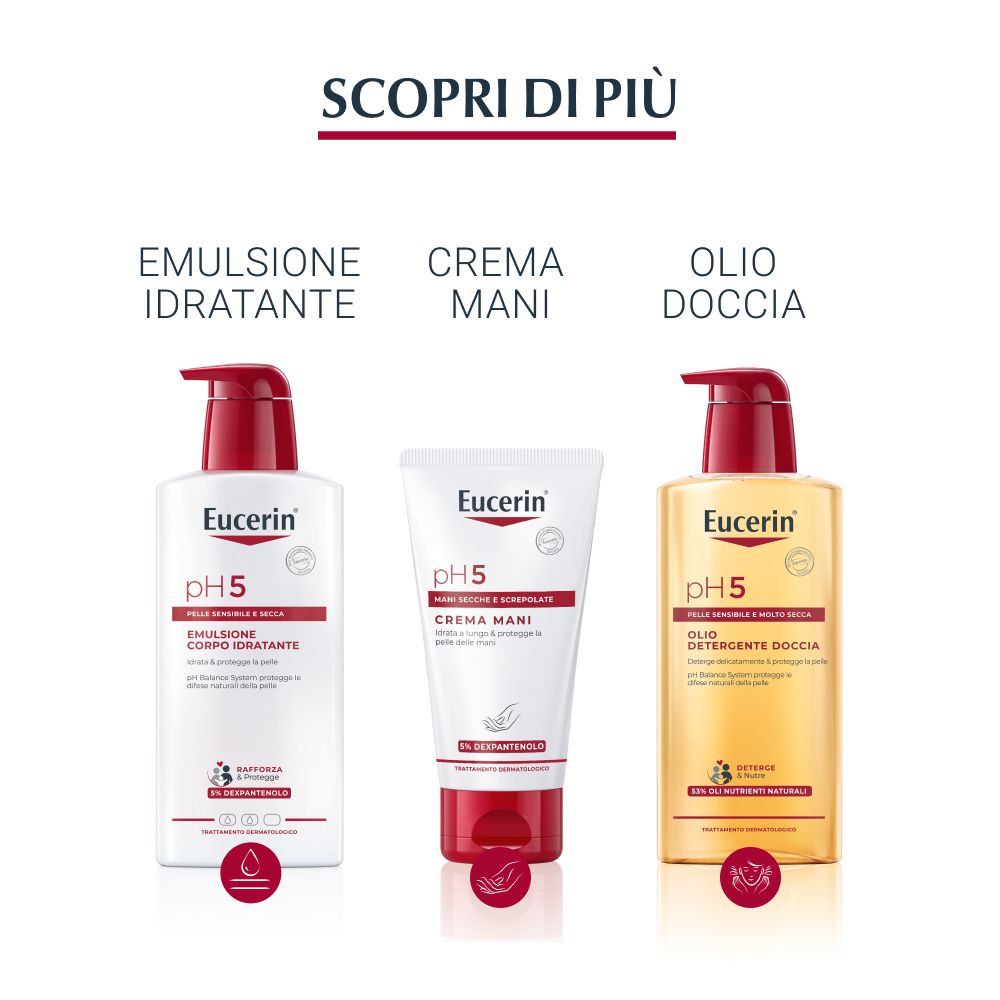 Lotion corporelle hydratante Eucerin pH5 dans une bouteille blanche avec distributeur rouge.
