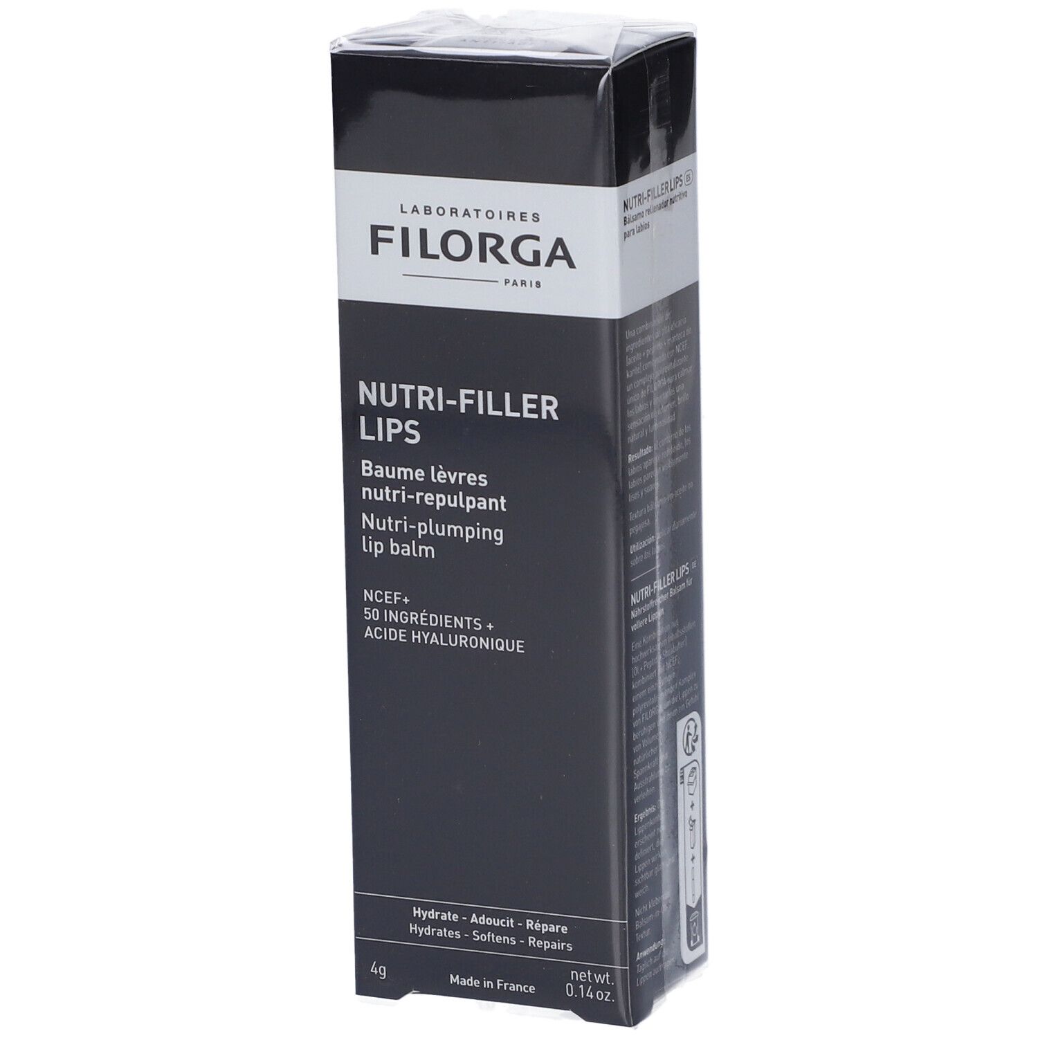 Emballage noir. FILORGA NUTRI-FILLER LIPS®. Texte: NUTRI-FILLER LIPS, Baume lèvres, nutri-repulpant, lip balm. 4g.