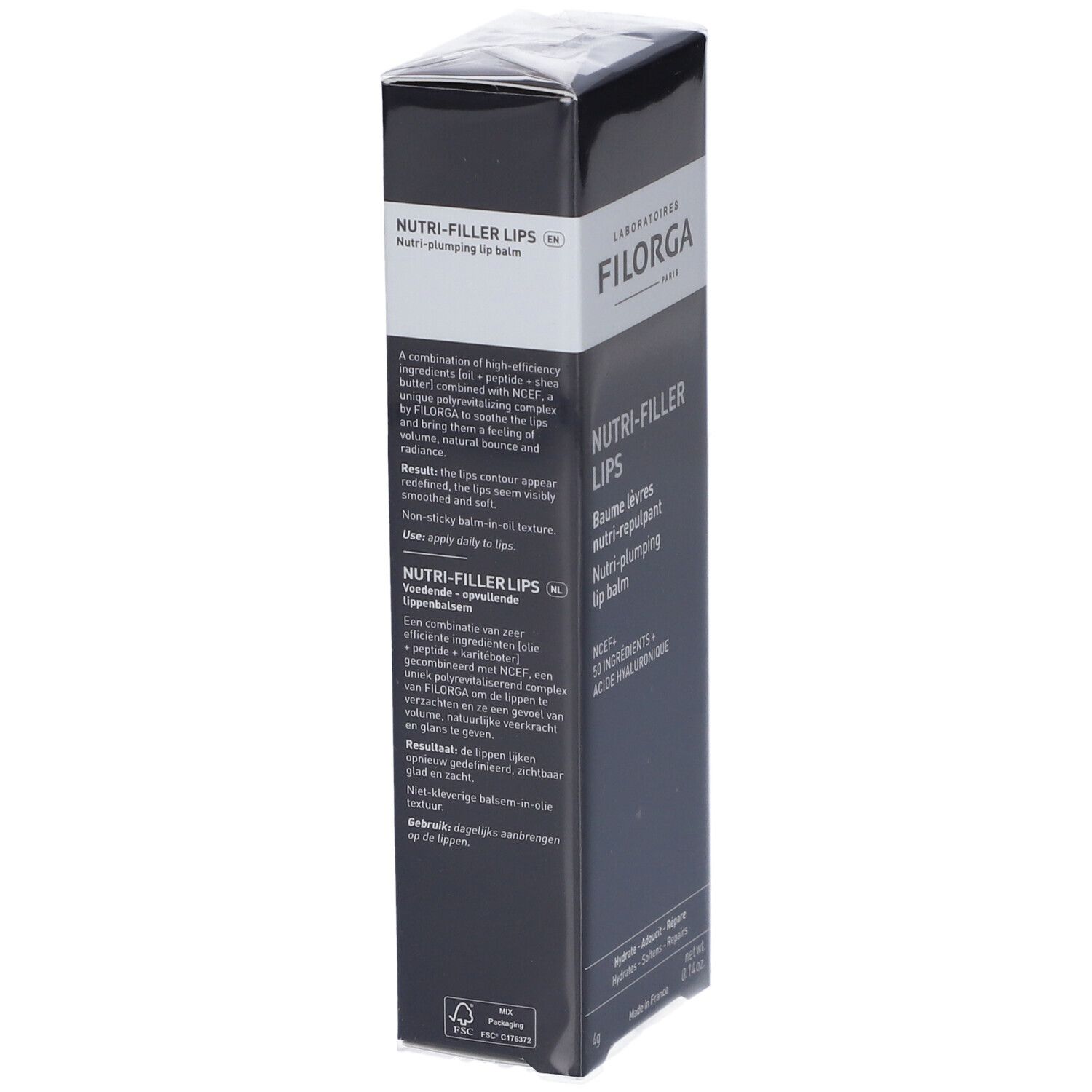 Emballage noir. FILORGA NUTRI-FILLER LIPS®. Texte en anglais et français. Logo FSC.
