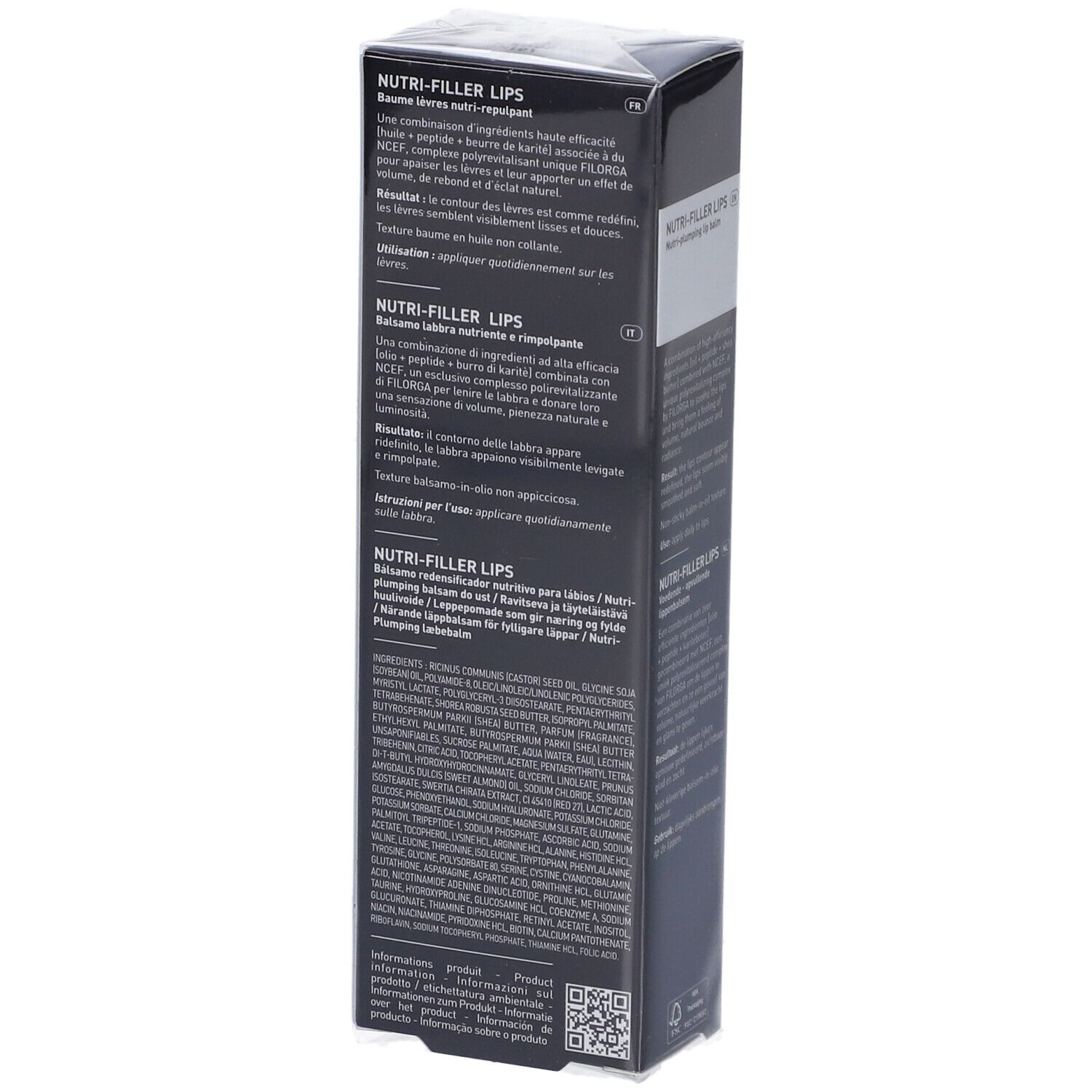 Emballage noir. FILORGA NUTRI-FILLER LIPS®. Texte en anglais, français, allemand, italien et néerlandais.