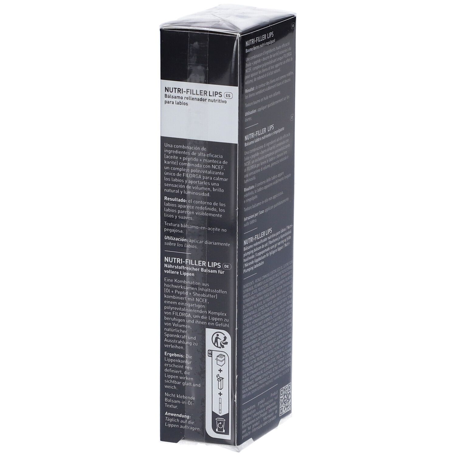 Emballage noir. FILORGA NUTRI-FILLER LIPS®. Texte en anglais, français, allemand, italien et néerlandais.