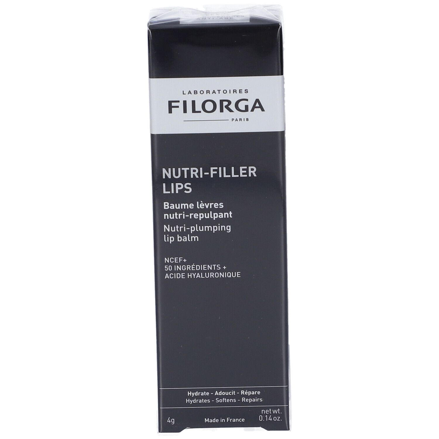 Emballage noir. FILORGA NUTRI-FILLER LIPS®. Texte: NUTRI-FILLER LIPS, Baume lèvres, nutri-repulpant, lip balm. 4g.