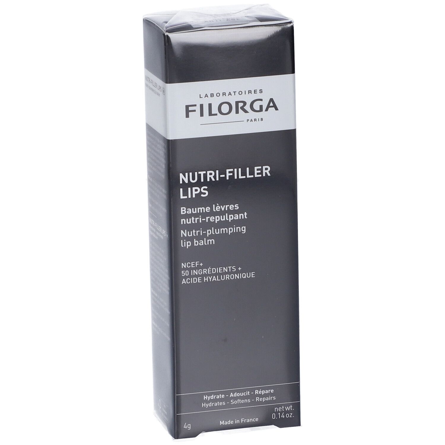 Emballage noir. FILORGA NUTRI-FILLER LIPS®. Texte: NUTRI-FILLER LIPS, Baume lèvres, nutri-repulpant, lip balm. 4g.