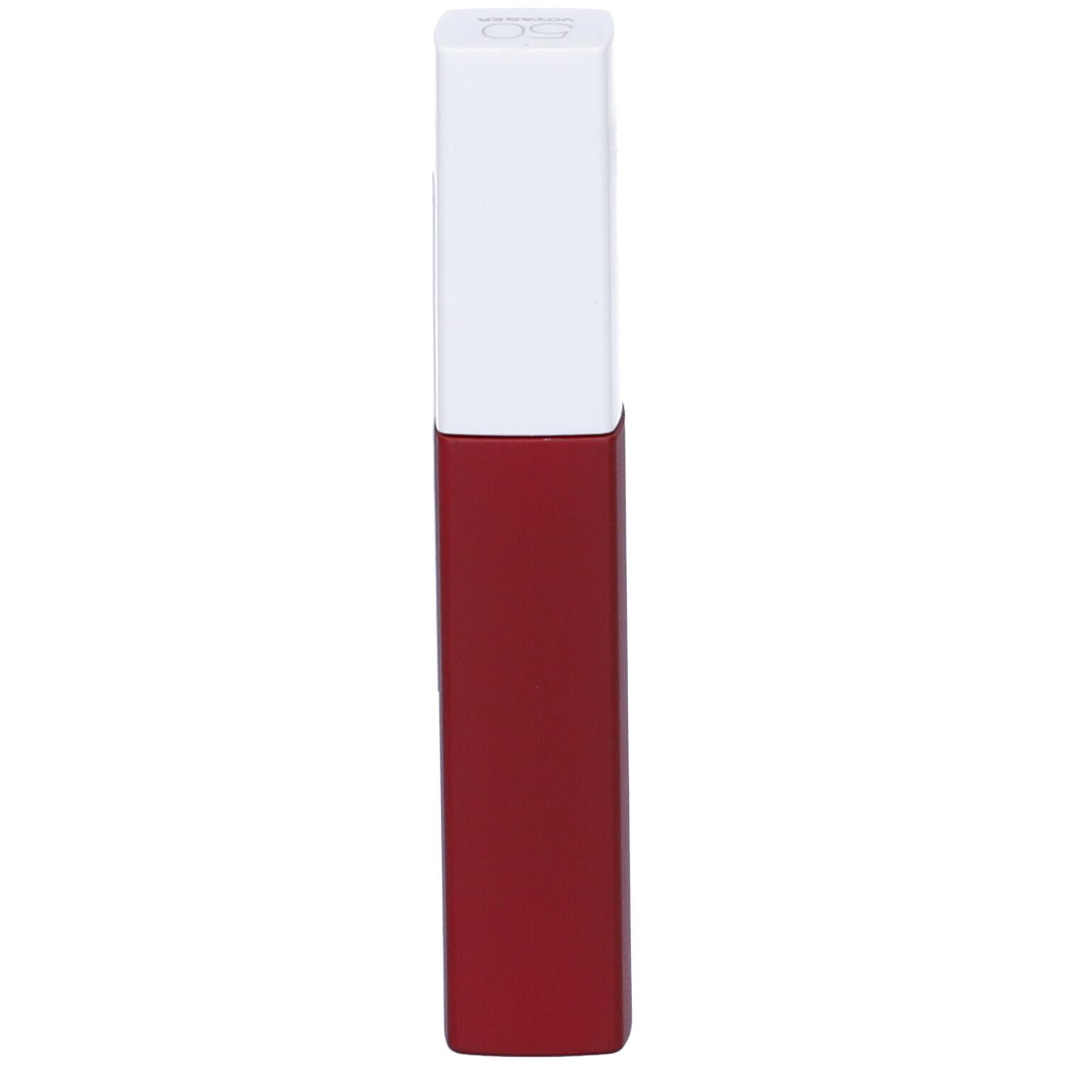 Tube de rouge à lèvres rouge avec capuchon blanc.