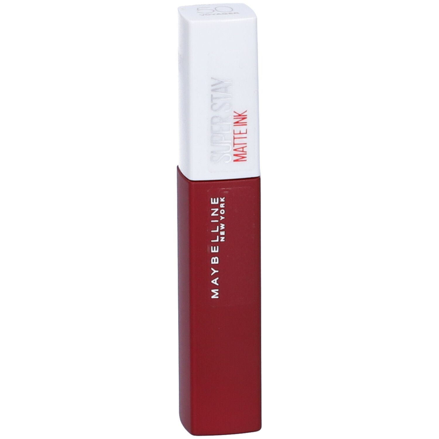 Rouge à lèvres liquide Maybelline Superstay Matte Ink rouge. Bouchon blanc avec inscription rouge.