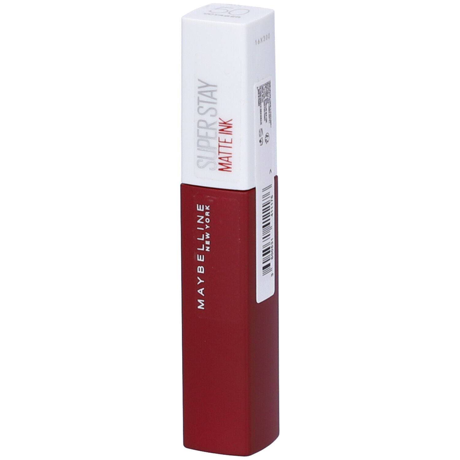 Maybelline Super Stay Matte Ink rouge à lèvres mat rouge. Bouchon blanc avec flacon rouge.