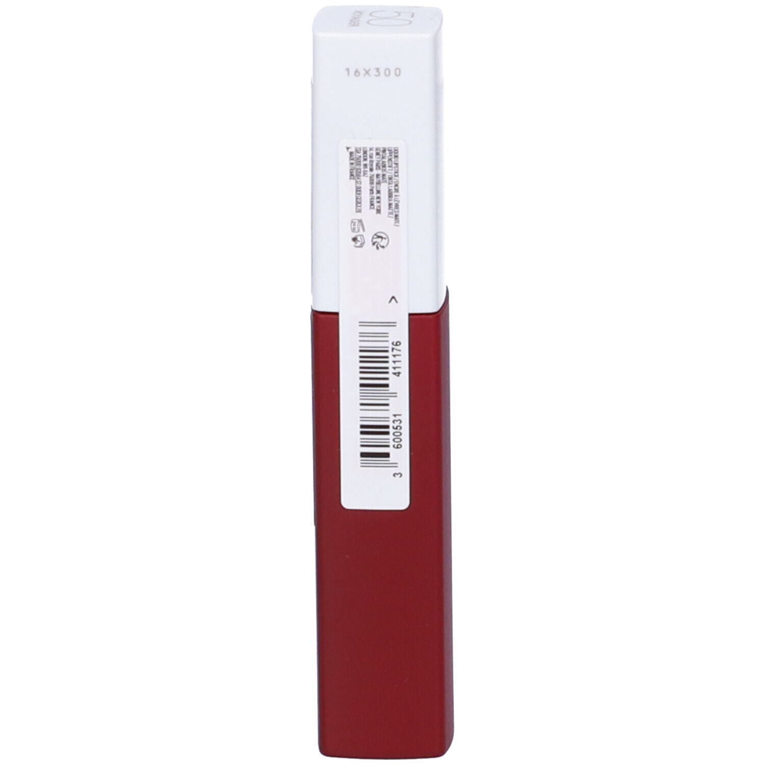 Rouge à lèvres rouge avec capuchon blanc et étiquette code-barres.