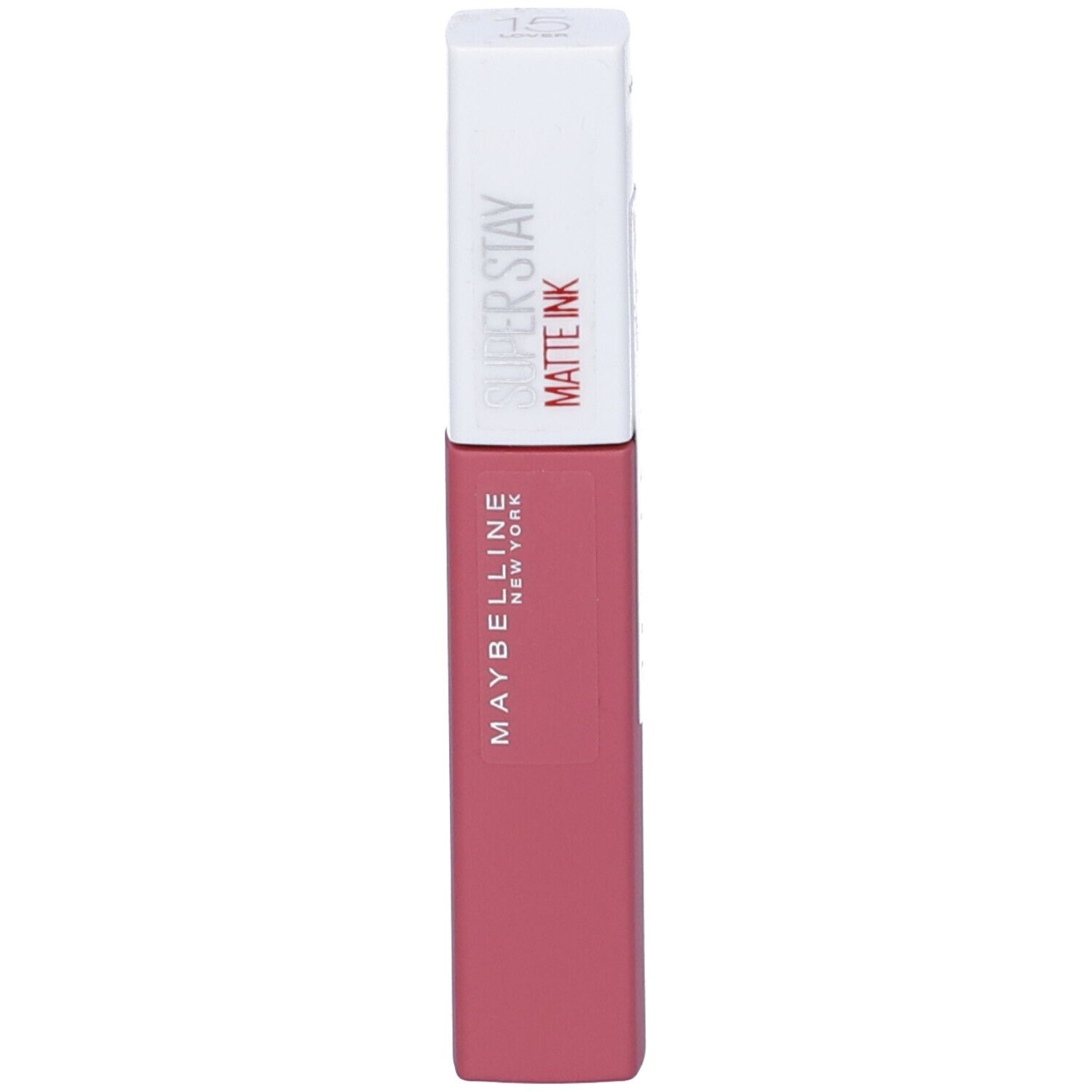 Rouge à lèvres liquide Maybelline Superstay Matte Ink, teinte rose. Bouchon blanc avec inscription rouge.